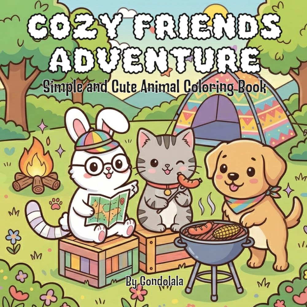 Cozy Friends Adventure Coloring Book: Kawaii Bunny, Kitten & Labrador Puppy Exploring, Camping & Cute Travel Scenes for Relaxation