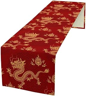Chinese Red Dragon Table Runner,Asian Traditional Flying Animal Clouds Kitchen Table Decoration for Holiday Party Study Living Bedroom Dresser Cabin Restaurant Cafe Wedding Decor 13×36in