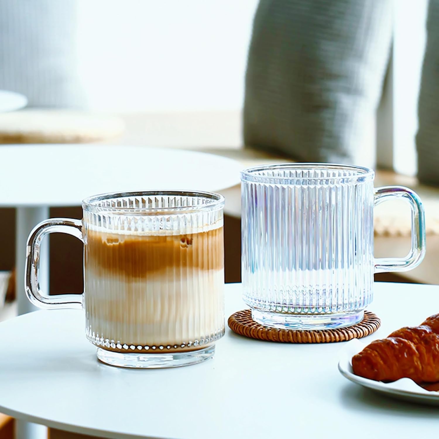 Glass Coffee Mugs 6 Pack - 12 OZ Premium Coffee Cups with Handles - Classic Vertical Stripes Transparent Tea Cup Set for Hot Cold Beverages - Image 7