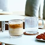 Tasses de café en verre paquet de 6 - 340 ml Coupes de café premium avec poignées - Classic Vertical Stripes Transparent Tea Cup Set pour boissons froides chaudes