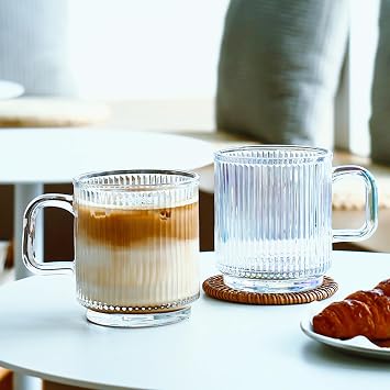 Glass Coffee Mugs 6 Pack - 340 ml Premium Coffee Cups with Handles - Classic Vertical Stripes Transparent Tea Cup Set for Hot Cold Beverages