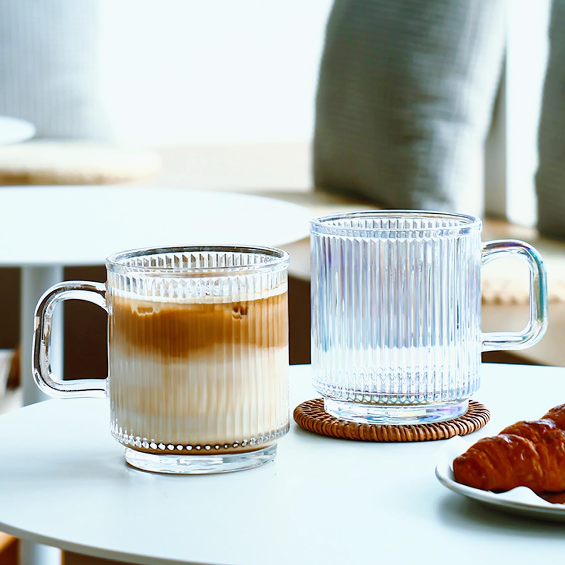 Lot de 6 tasses à café en verre de 355 ml avec poignées – Ensemble de tasses à thé classiques à rayures verticales transparentes pour boissons chaudes/froides