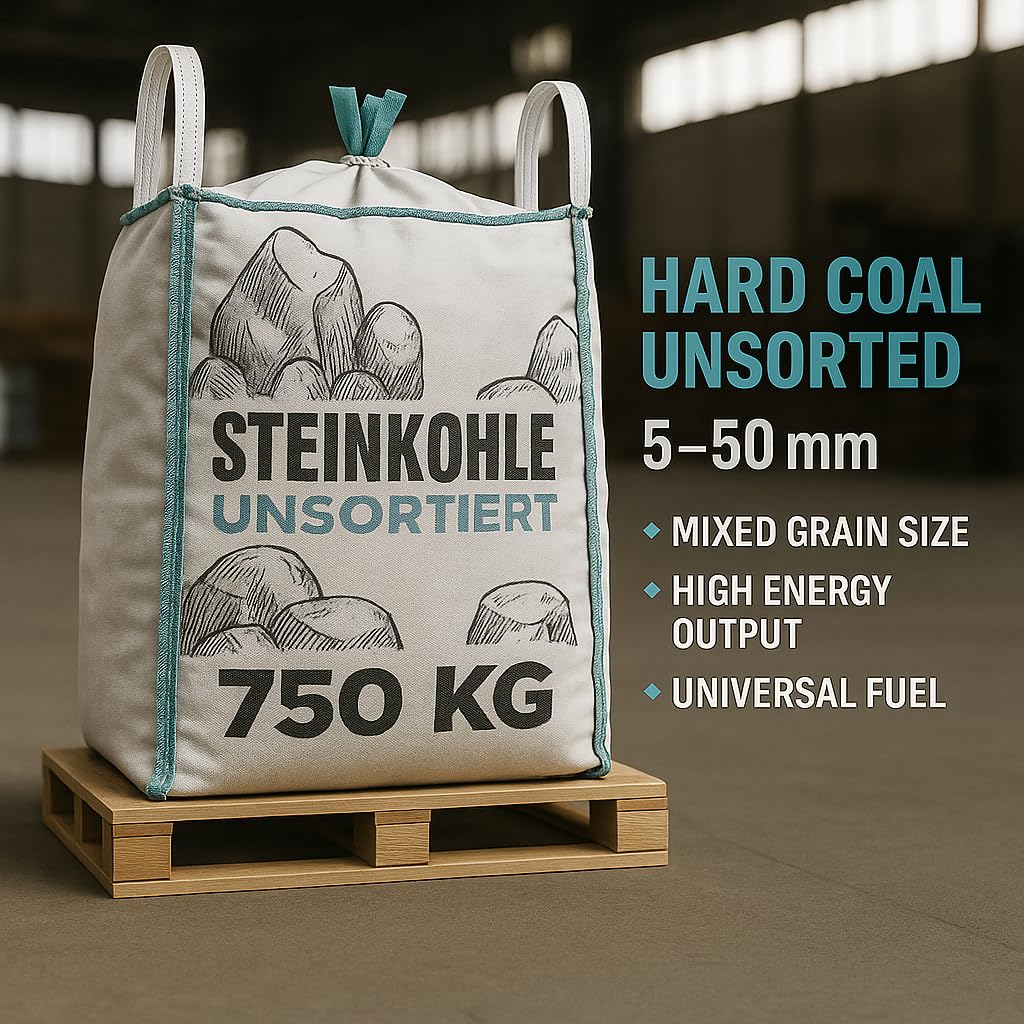 GiDeli Steinkohle 750kg - Kohle Fuer ofen und Kaminofen - Unsortierte Anthrazitkohle 5–50 mm – Hoher Heizwert 24–26 MJ/kg – Big Bag Heizkohle zum Heizen
