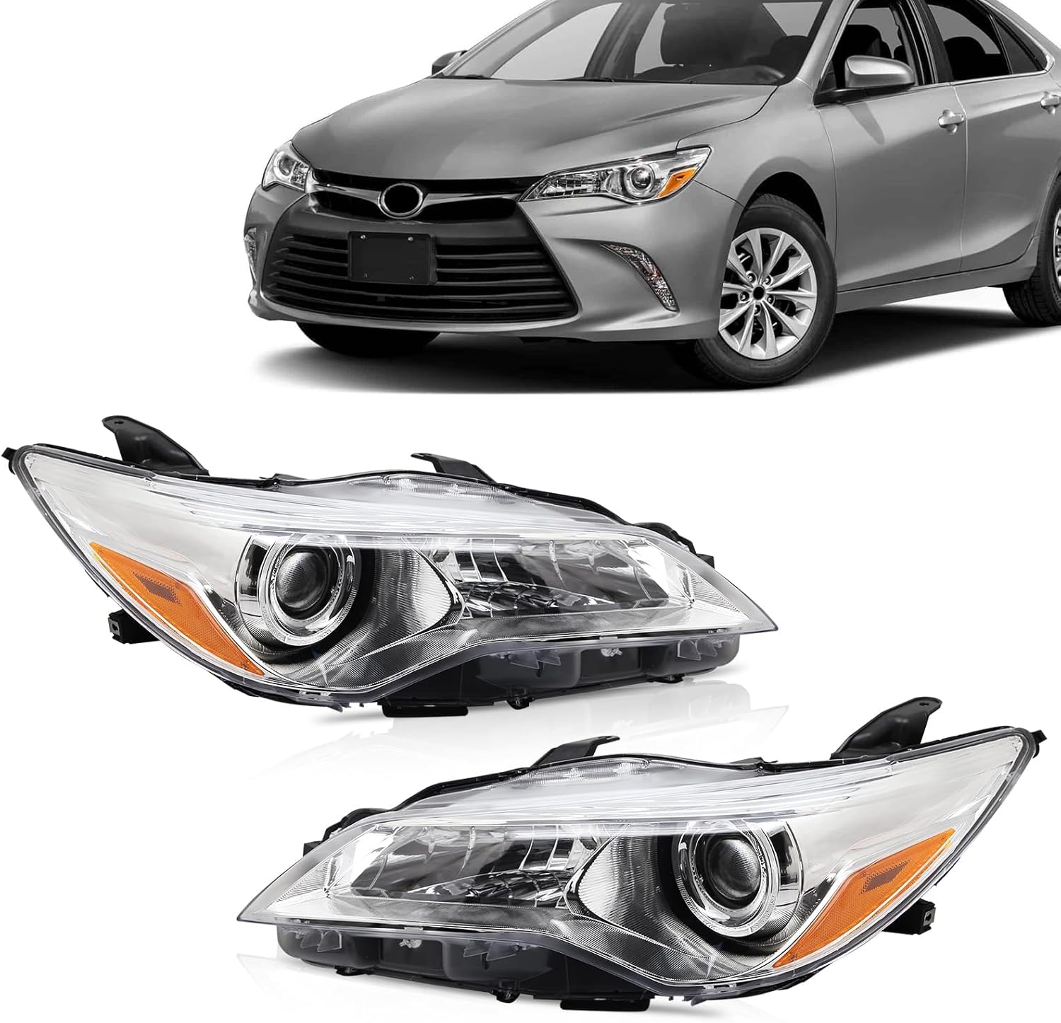 Halogen Headlights Compatible with 2015 2016 2017 Toyota Camry LE SE XLE XSE Chrome Housing Clear Lens Headlamp Replacement Left & Right Side Pair