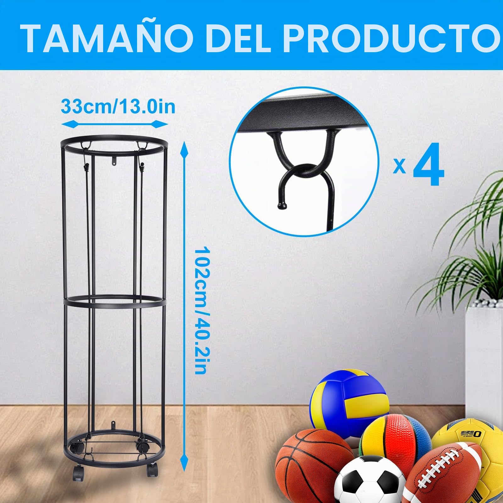Rack Vertical de balones de 2 Niveles con Ruedas, Estante de Almacenamiento de balones Deportivos, Organizador de Almacenamiento de balones Deportivos para Garaje Que Ahorra Espacio