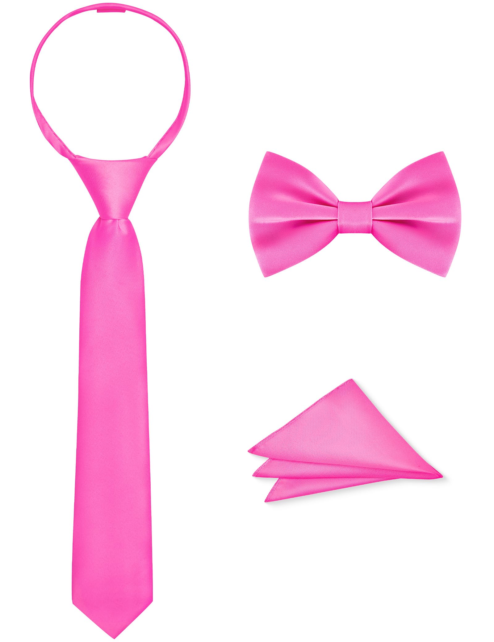 Boys Tie Set, Bow Tie &amp; Pre-Tied Zipper Necktie, Pocket Square