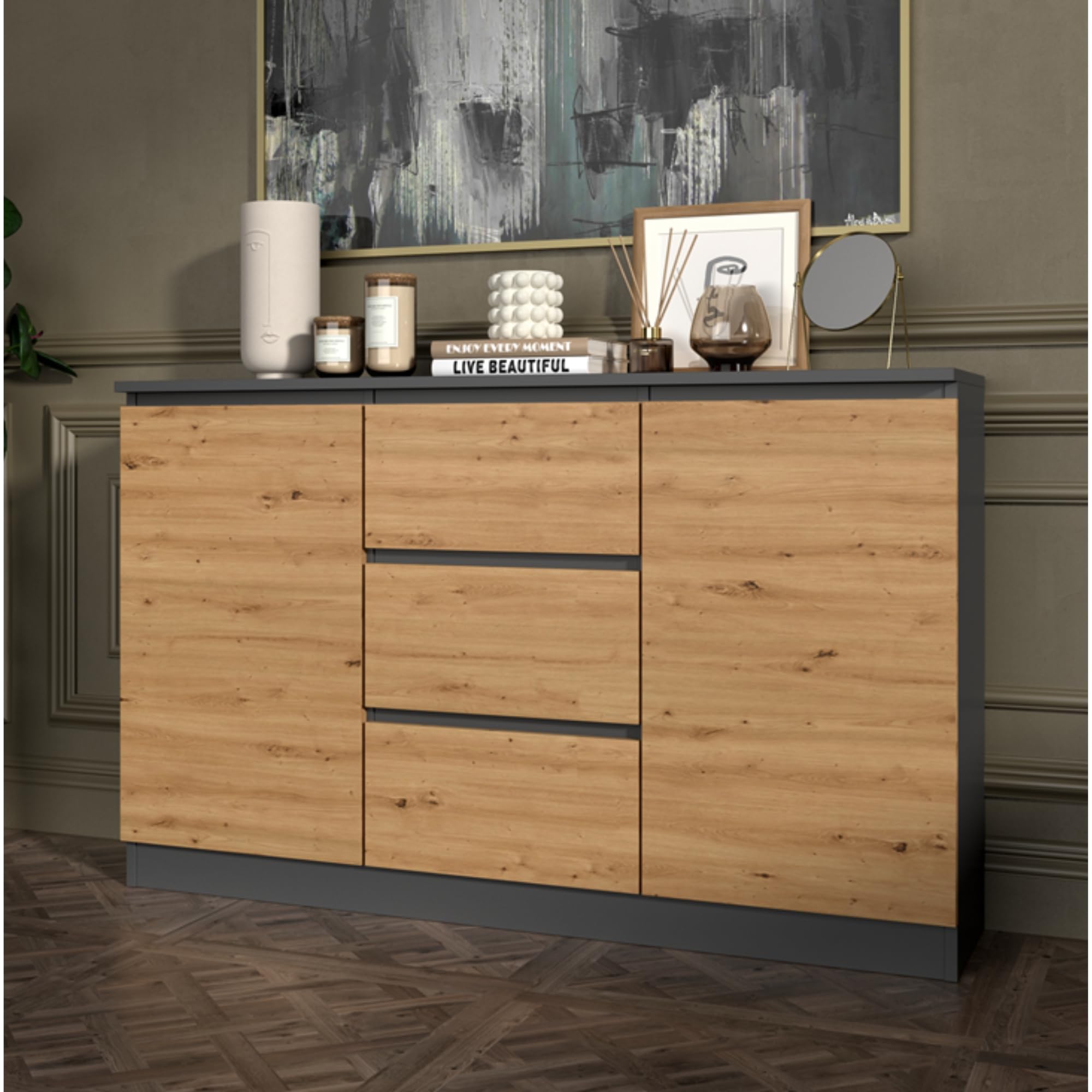 Home Collective Cassettiera, corridoio camera da letto, armadio, credenza, credenza con 3 cassetti e 2 ante, larghezza 120 cm, altezza 75 | Antracite/Artigianale