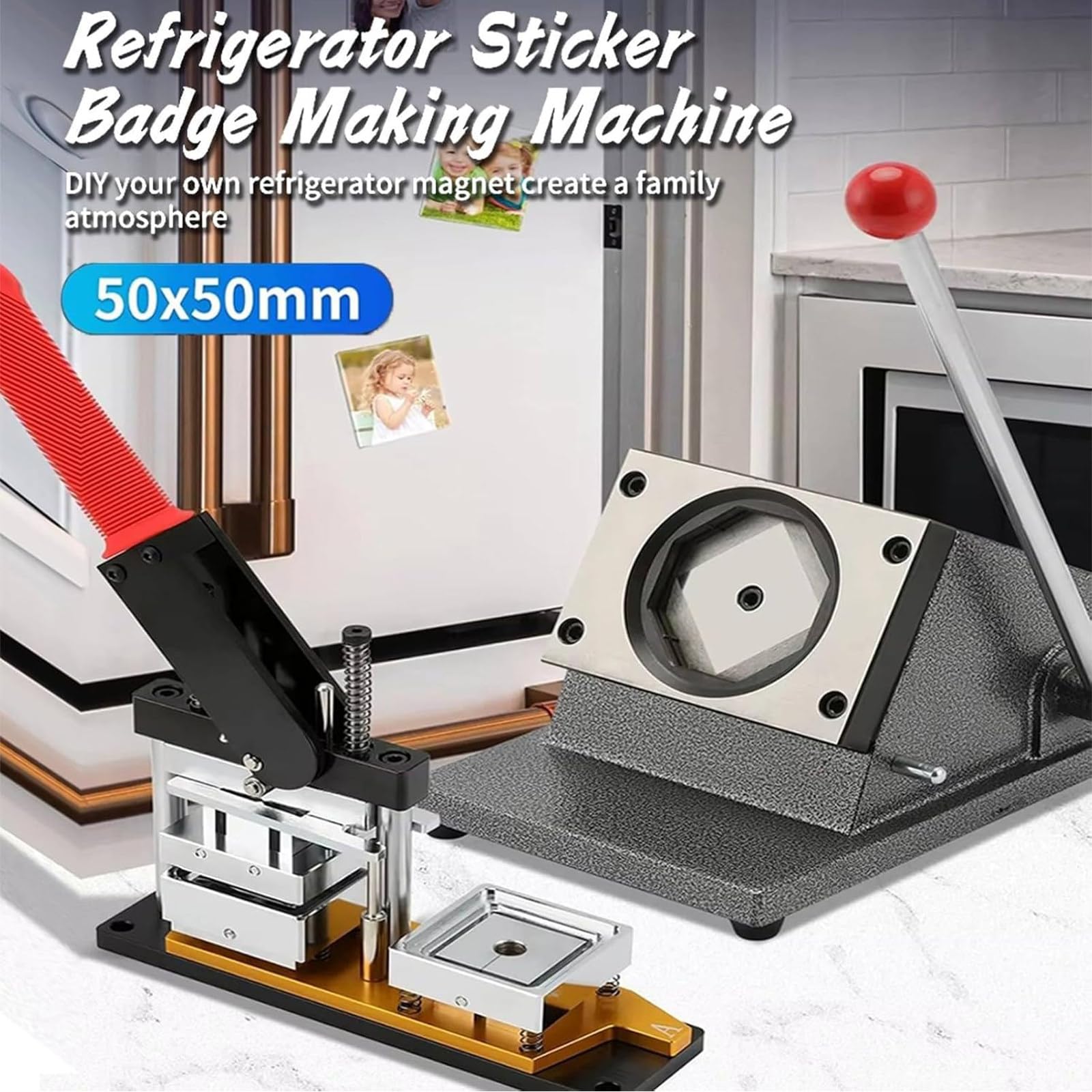 Imanes De Refrigerador De Imanes Cuadrados DIY, Máquina De Fabricación De Botones De Insignia De 50x50 Mm + Cortador De Papel + 100 Piezas De Consumibles para Decorar Refrigeradores