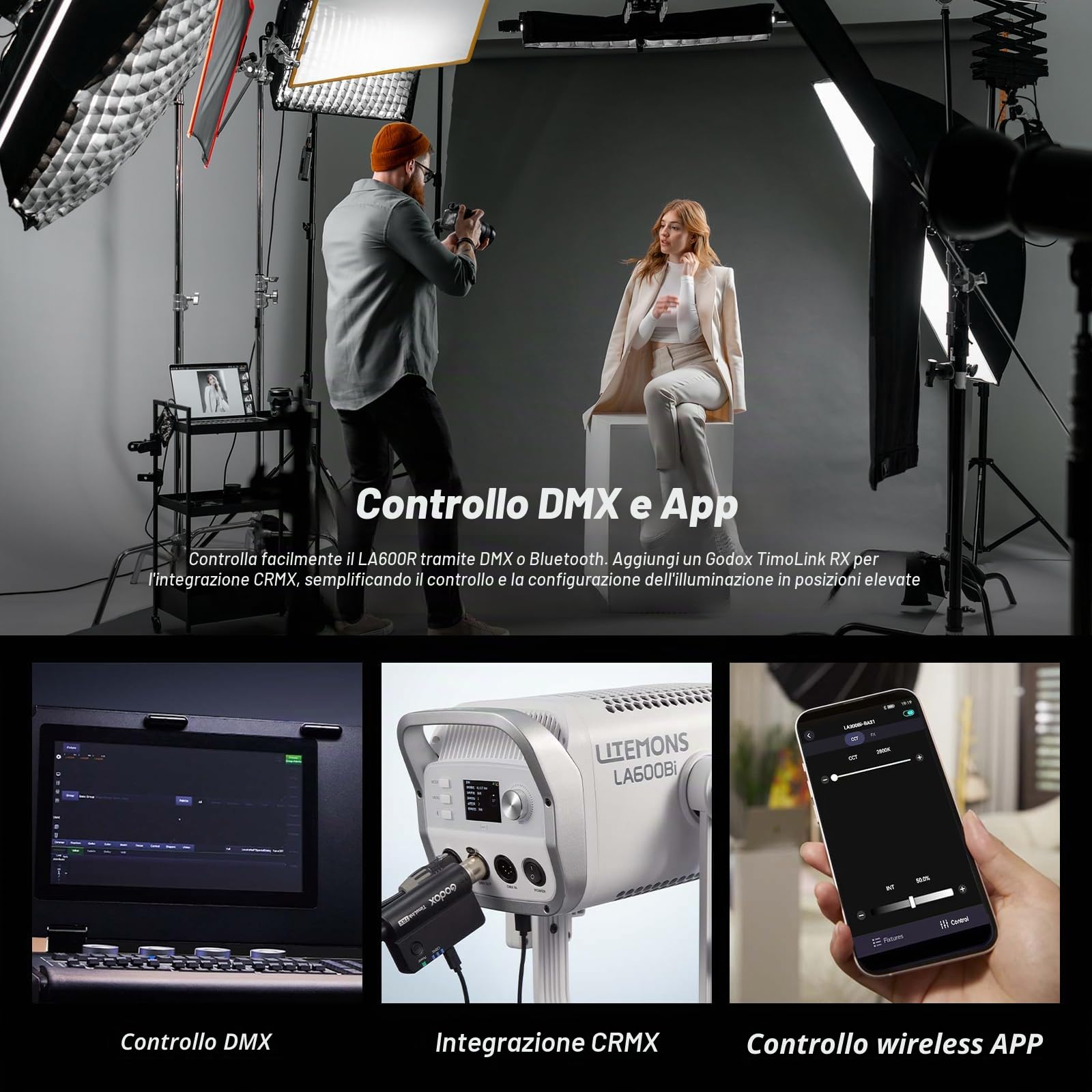 Godox Litemons LA600Bi Luce Video Luce Continua Video con Riflettore BR30,Video Light 600W 212500Lux@1M,2800K-6500K Luce Continua Piatta con Attacco Bowens e 11 Effetti FX