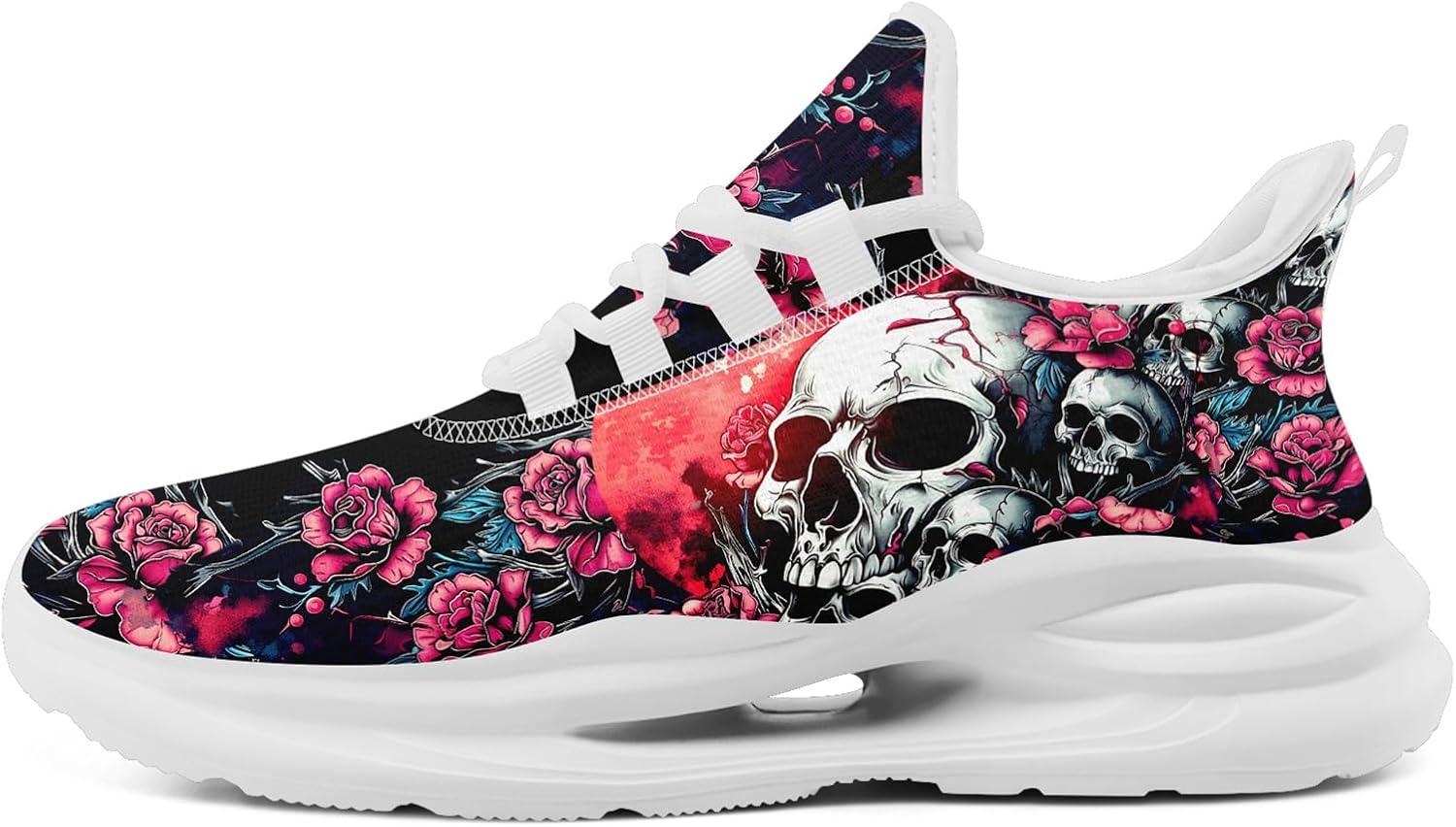 Women's Skull & Rose Running Shoes Trendy Floral Sneakers with Cool Design Comfort Breathable Mens Athletic Gym Walking Shoes