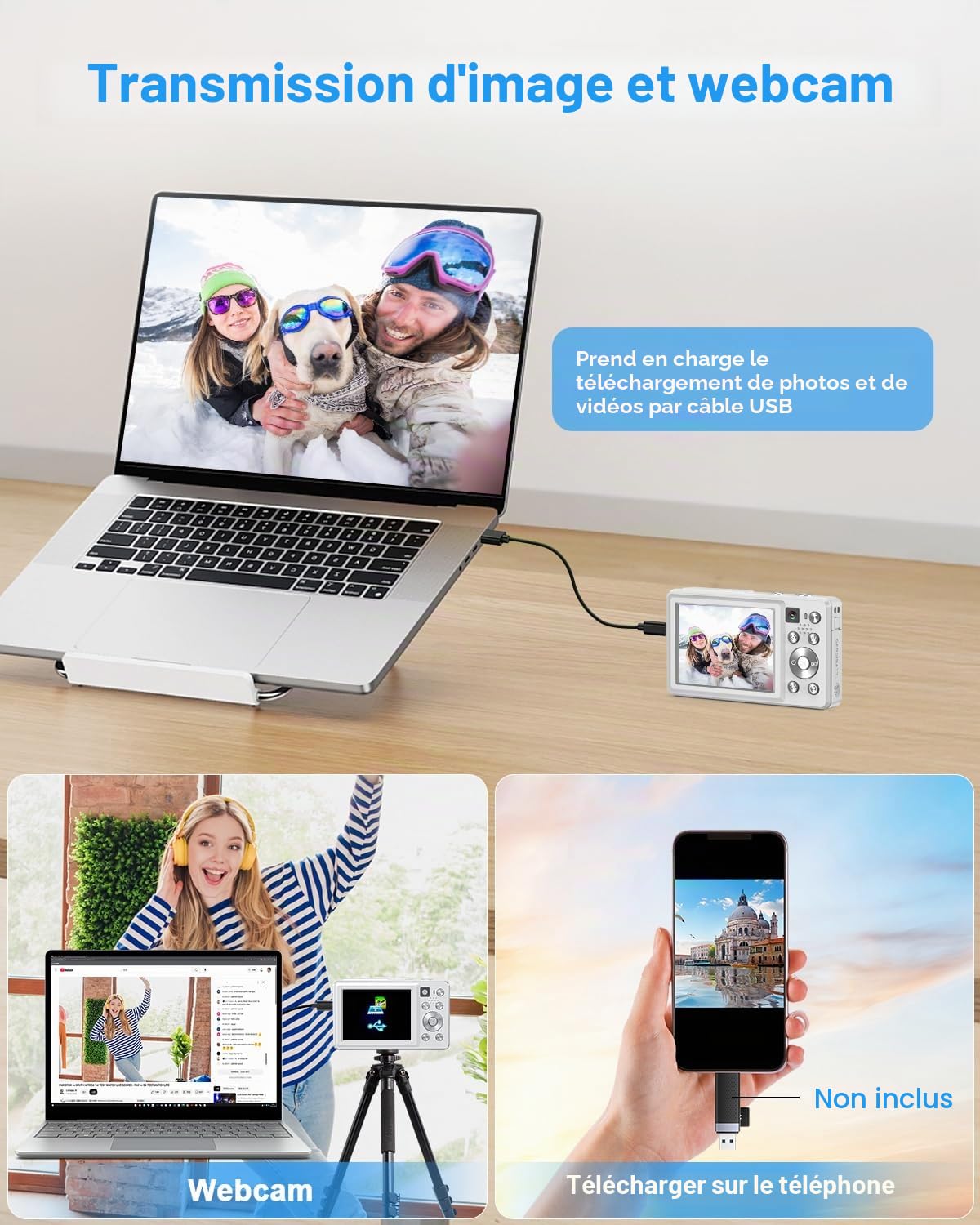 Appareil Photo numérique 4K 64MP, Double caméra avec autofocus, Flash, Zoom 16X, Anti-Shake, caméra compacte pour vlogging pour Enfants, Adolescents, Adultes et débutants(Blanc)