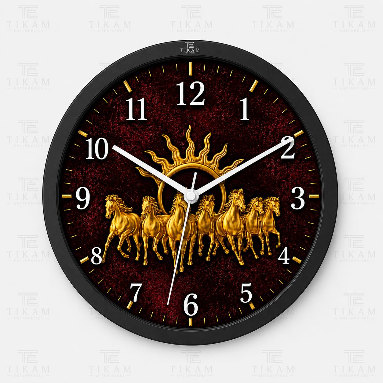 TIKAM Enterprises Seven Running Horses Wall Clock, Dark Red Background, Golden Horse Design, Round, Vastu Theme-image-16