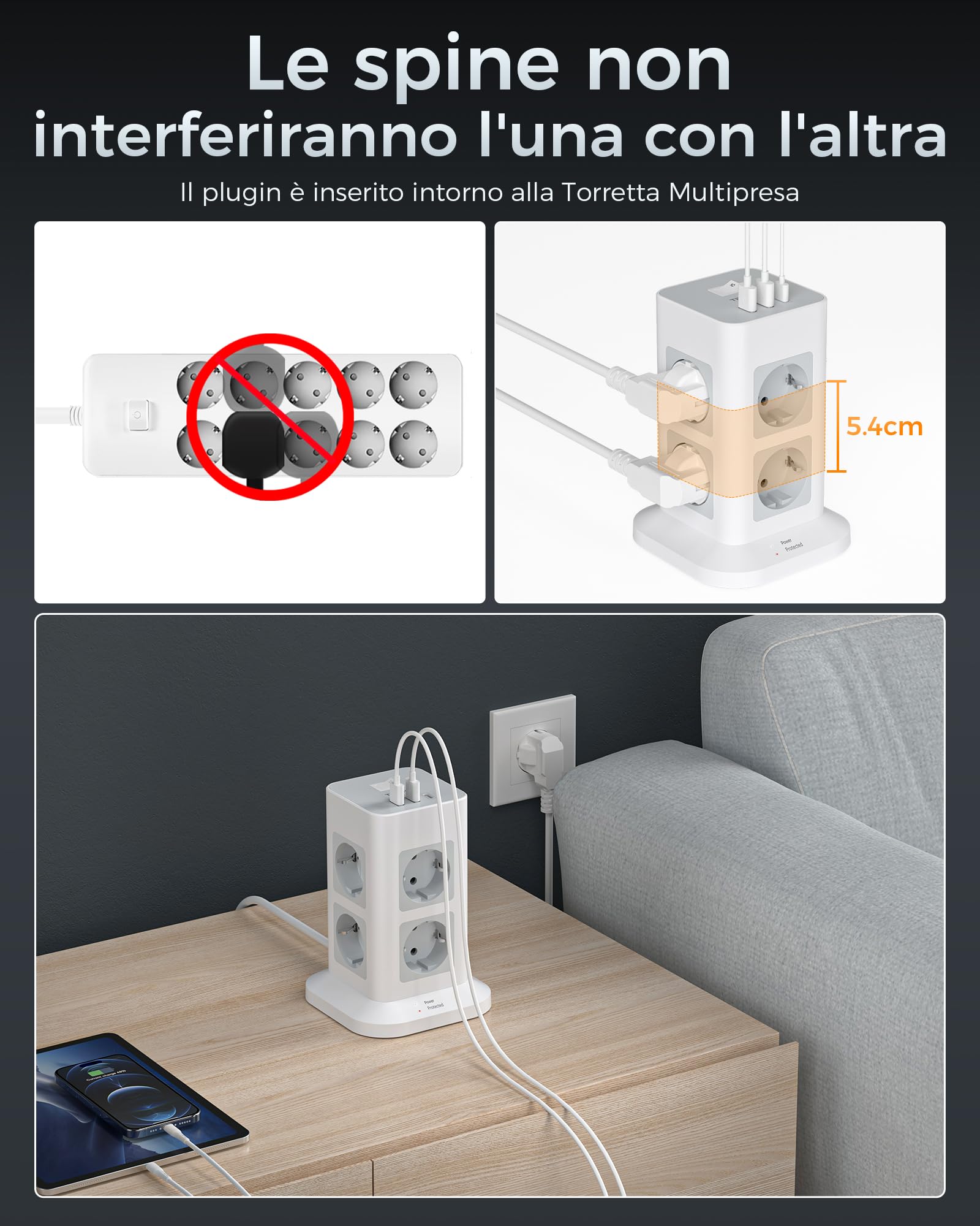 TESSAN Ciabatta Multipresa con USB 15W, Ciabatta Elettrica con 8 Prese, Torretta Multipresa Protezione Sovratensione con Interruttore e Prolunga Elettrica 10 Metri, 3600W Presa Multipla, Girgio