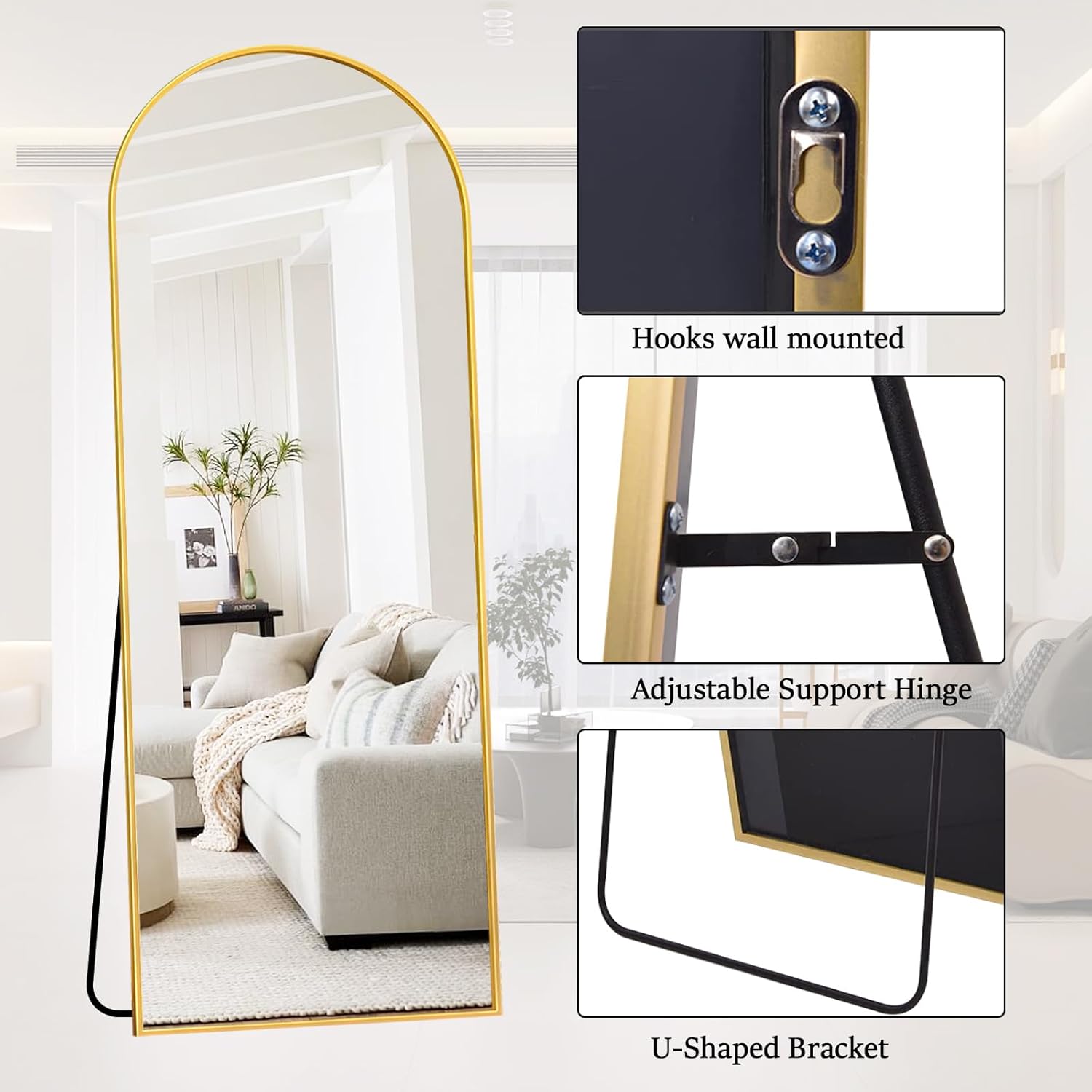 Full Length Mirror Arched Floor Length Mirrors, 71"x26" Large Full Body & with Stand&Arch Wall Mounted &Standing Mirror for Bedroom Living Room, Aluminum Frame, Gold