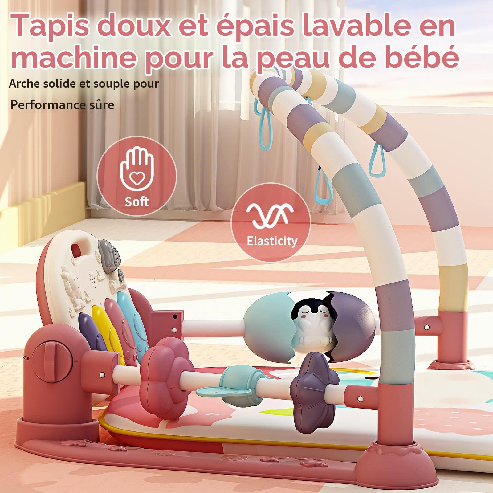 Jovow Tapis d'éveil Bébé avec Piano, Tapis de Rampement pour Bébé avec Lumières et Musique, Tapis de Jeu pour Bambine avec Arche de Jeu et Jouets Amovibles, Cadeau pour bébé de 0 à 36 Mois
