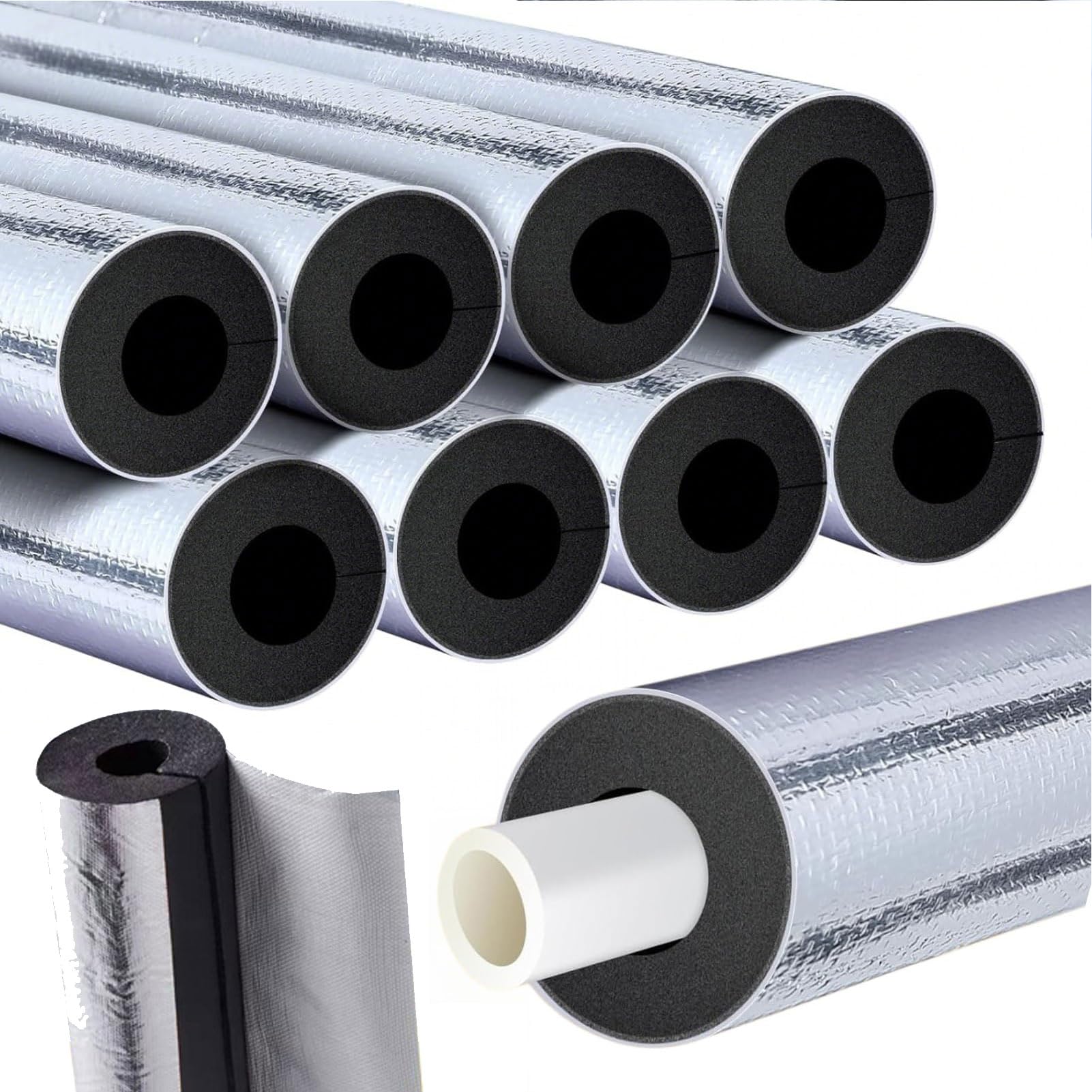 Ignífugo Aislamiento de Tuberias Coquilla Aislante de Aluminio Autoadhesivo, Tubo de Espuma para Tuberías de Irrigación Protección contra Heladas (ID) 219mm x (T) 30mm x (L) 0.95m