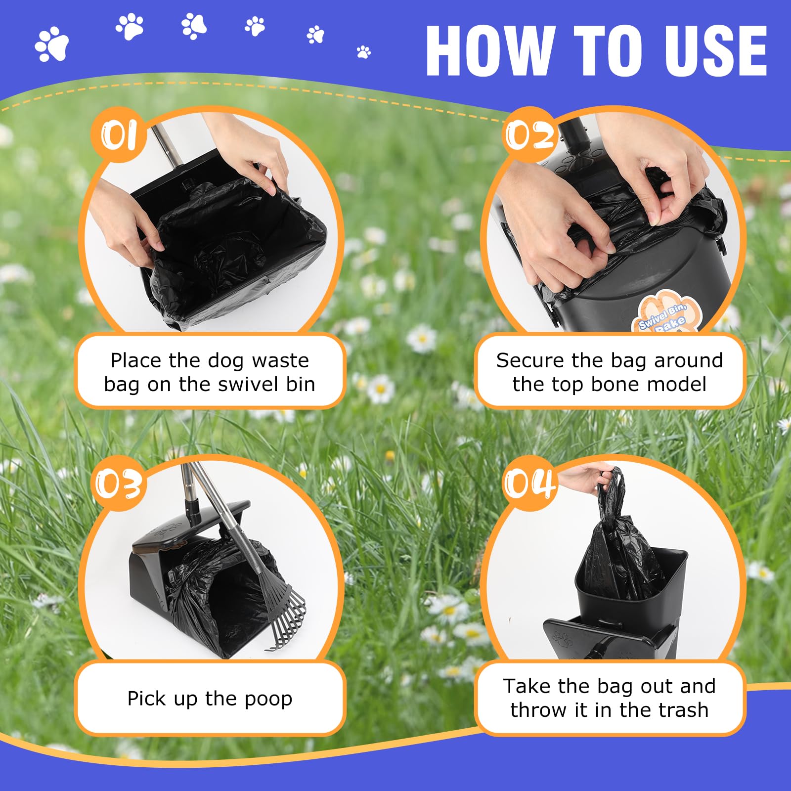 Kit Recogedor de Excrementos para Perros con Cubo Giratorio, Rastrillo y 20 Bolsas – Mango Largo para Jardín y Exterior