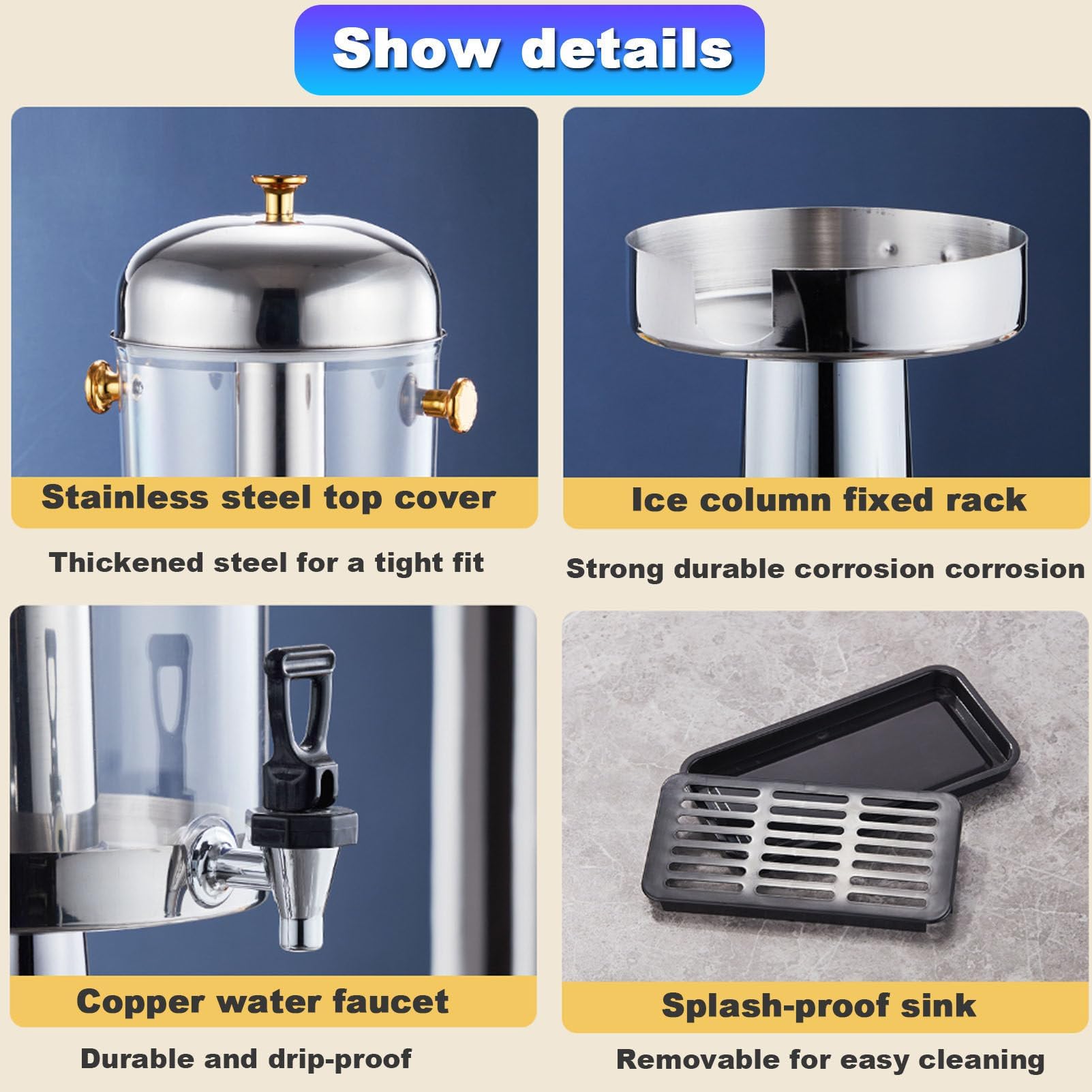 Dispensador de bebidas de acero inoxidable de triple boquilla de 24 litros con recipiente de hielo integrado, dispensador de bebidas comercial para fiestas, bufés de desayuno y bares