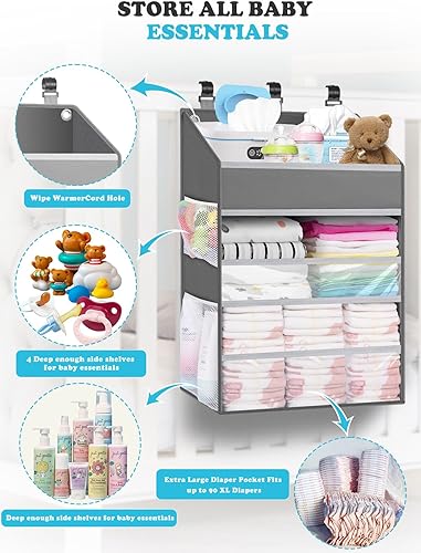 Miniatura 9 de PHOTOONE Organizador de pañales colgante para cuna, espacioso organizador de pañales para cambiador, corralito o pared, capacidad para 90 pañales,