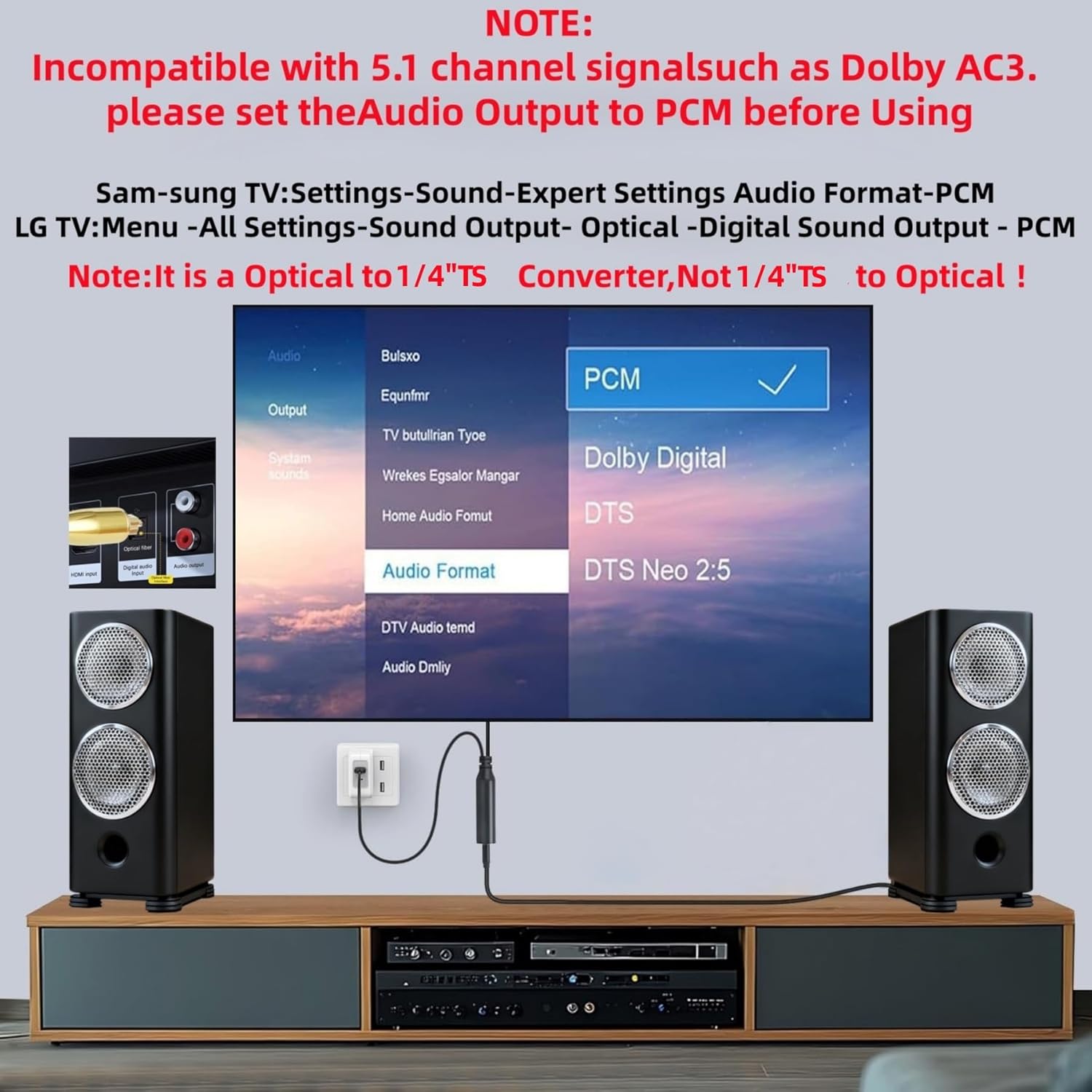192KHz DAC Optical to Dual 1/4" TS Converter,Optical Audio Cable to Dual 6.35mm AUX Converter for HDTV DVD Set-top Boxes Out to Speaker Audio Mixer(Unidirectional O-ptical to 6.35mm)