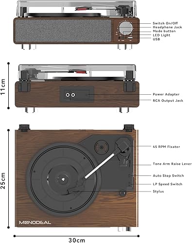 Miniatura 8 de MONODEAL - Tocadiscos de vinilo con altavoces, tocadiscos de 3 velocidades para discos de vinilo con transmisor Bluetooth, parada automática, salida