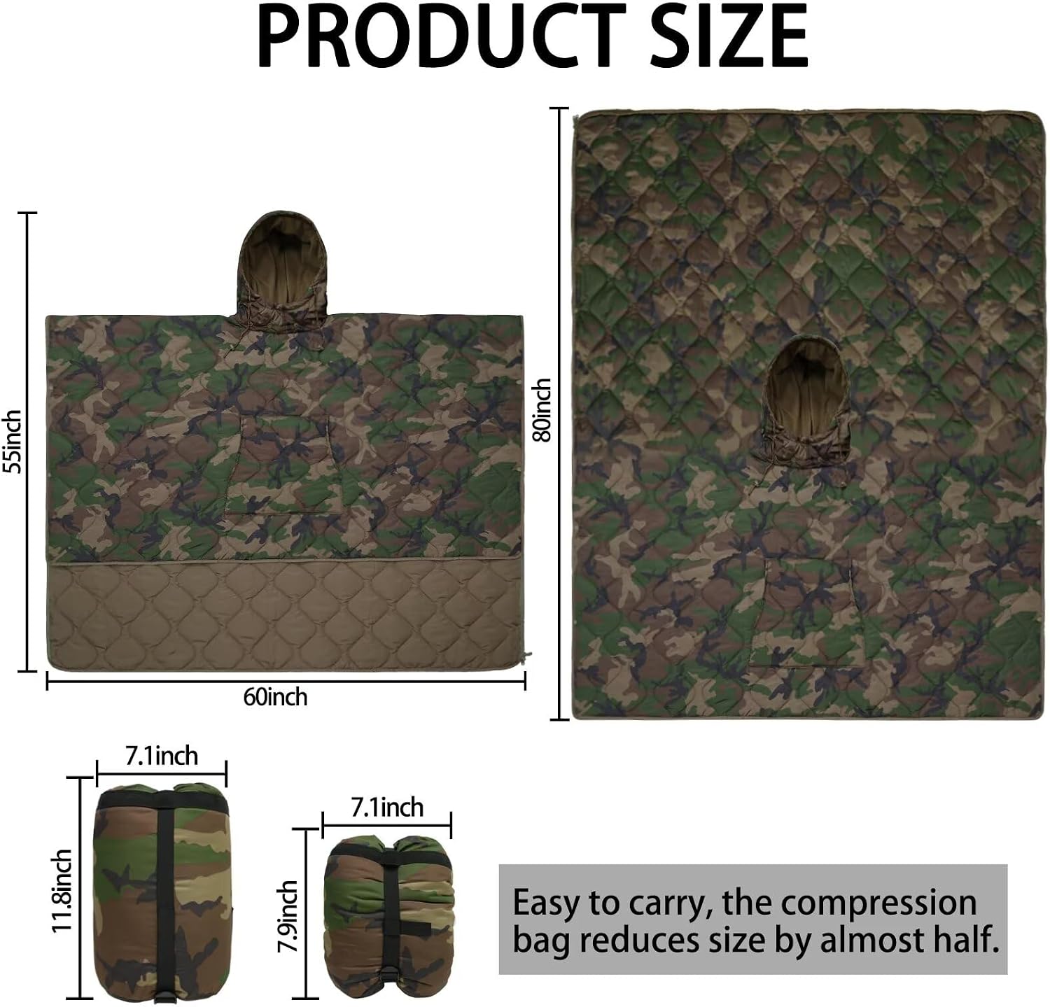 Poncho Liner Hoodie with Pocket Insulated Military Sleeping Bag Waterproof for Outdoor Camping Travel Survival Hunting Car Emergency