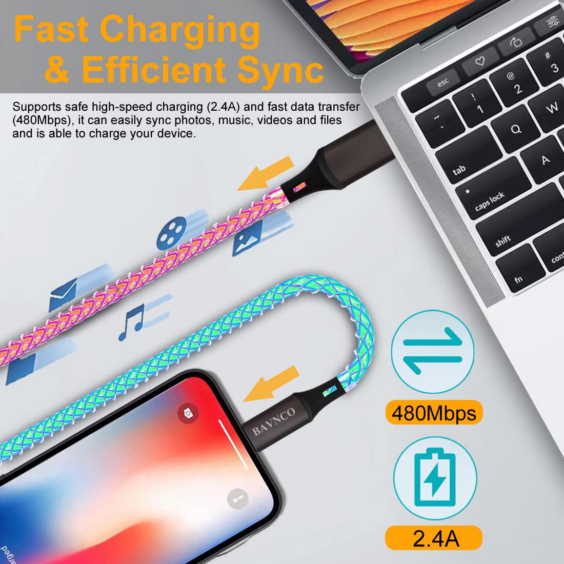 Cable de iPhone con certificación MFi, 3.3 pies RGB de color iluminado, cable de carga rápida USB de sincronización de datos de alta velocidad para iPhone 14 13 12 11 Pro Max XR XS X 8 7 6 4