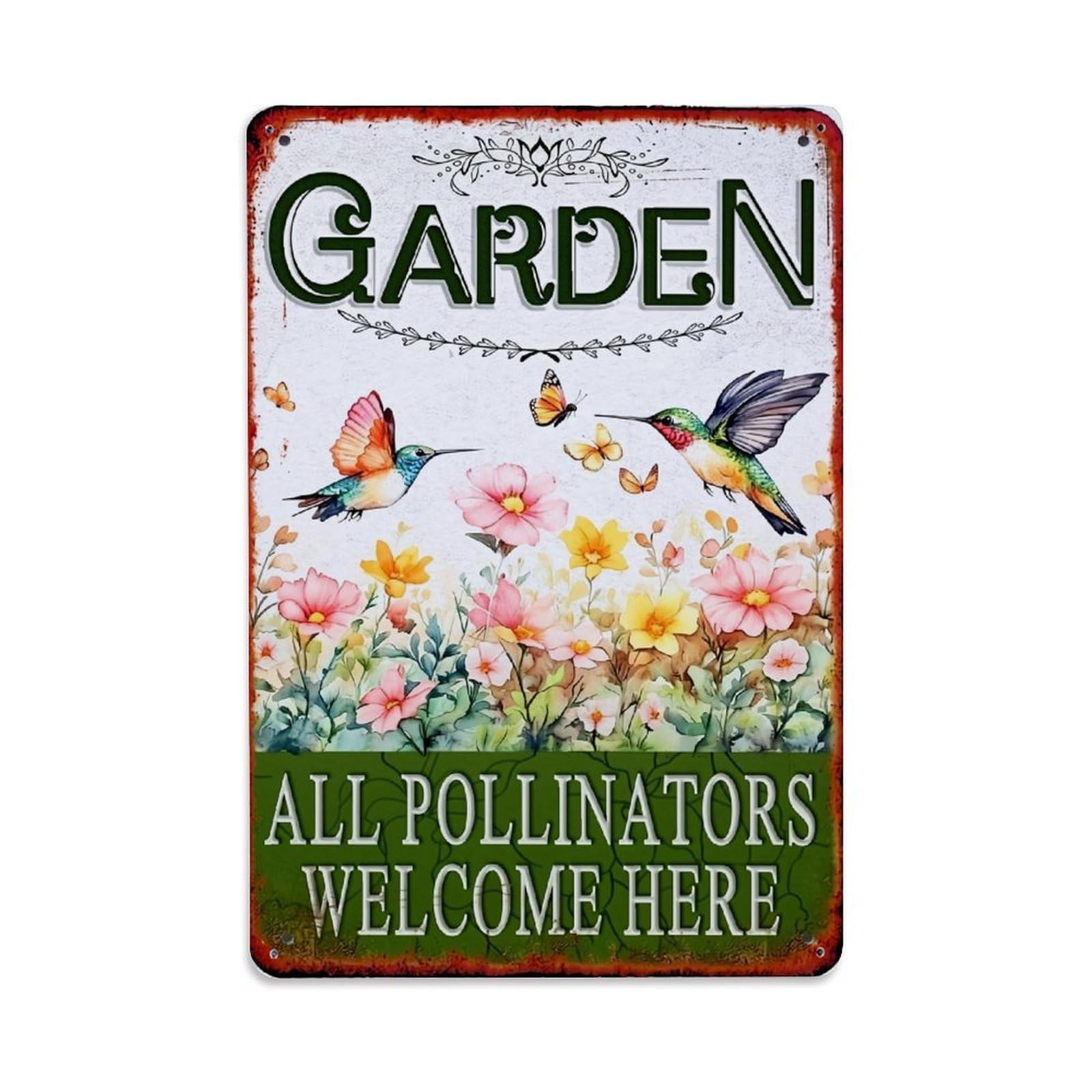Jdfenggu Vintage Garden Hummingbirds Butterflies Flowers Pollinators Retro Metal Tin Sign, Decor Art Poster For Bar, Home, Man Cave, Kitchen, Laundry Room Gift 8X12inch