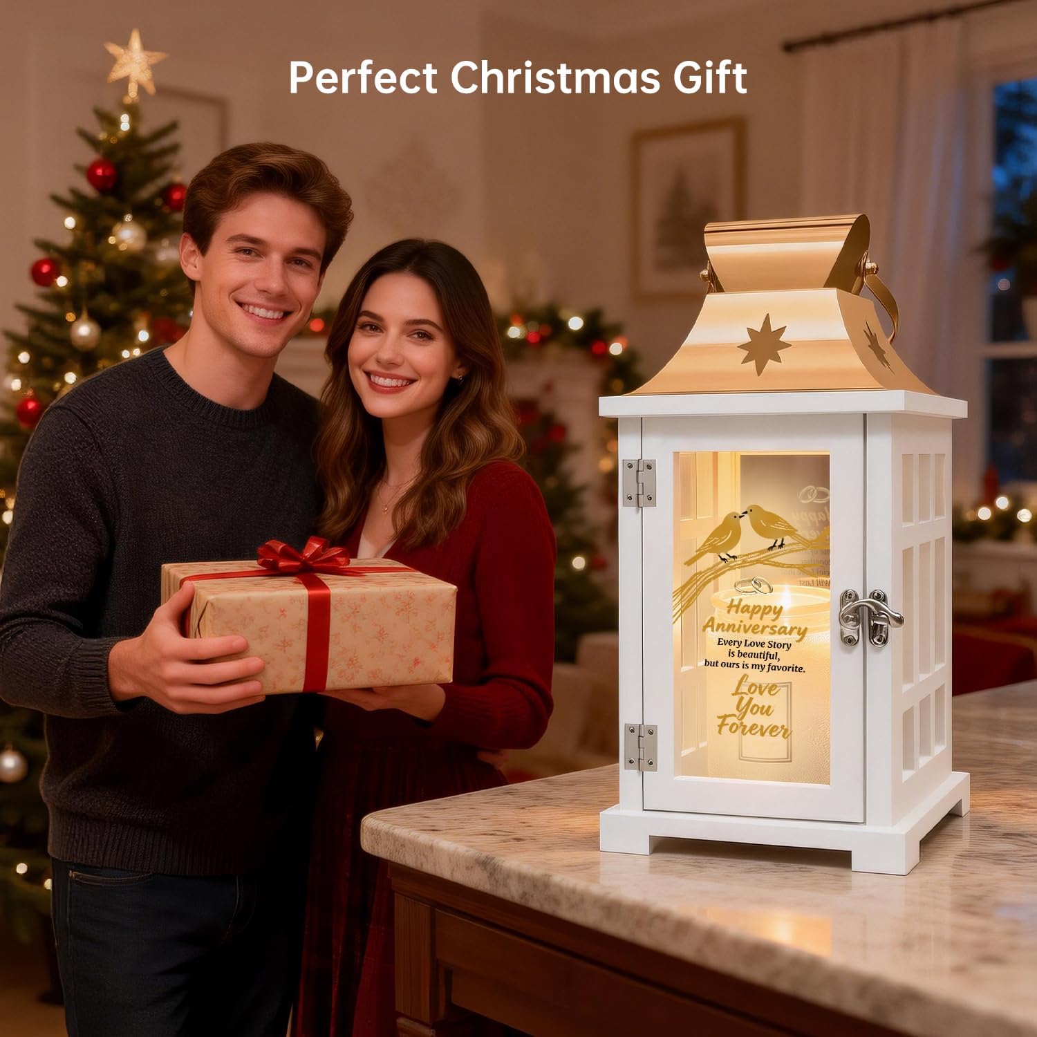 Anniversary Candle Warmer Lantern for Couple, Romantic Flameless Candle Warmer Lamp with Timer & Dimmable Light, Wood and Glass Wax Melter, Wedding Home Decor