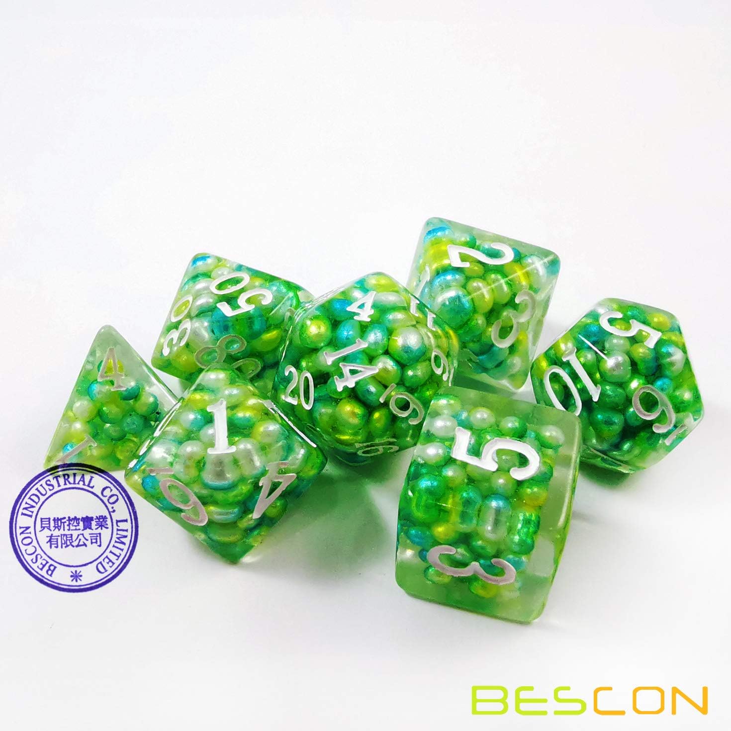 Bescon Olive Pearl Polyhedral Dice Set, Pearl Poly RPG Dice Set of 7