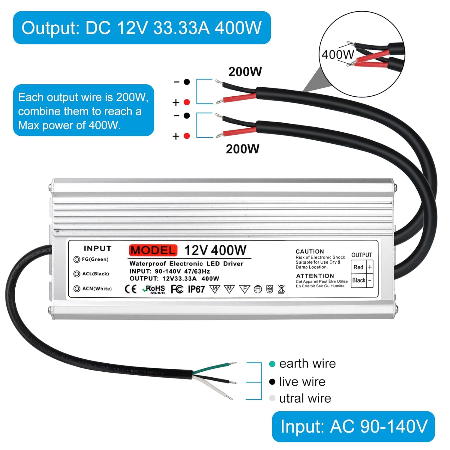 12V 400W LED Power Supply, IP67 Waterproof Outdoor Power Supply, AC 90-140V to DC 12 Volt 33.3A LED Driver, Low Voltage Transformer,Adapter for LED Strip Light, 3D Printer, Computer Project, CCTV