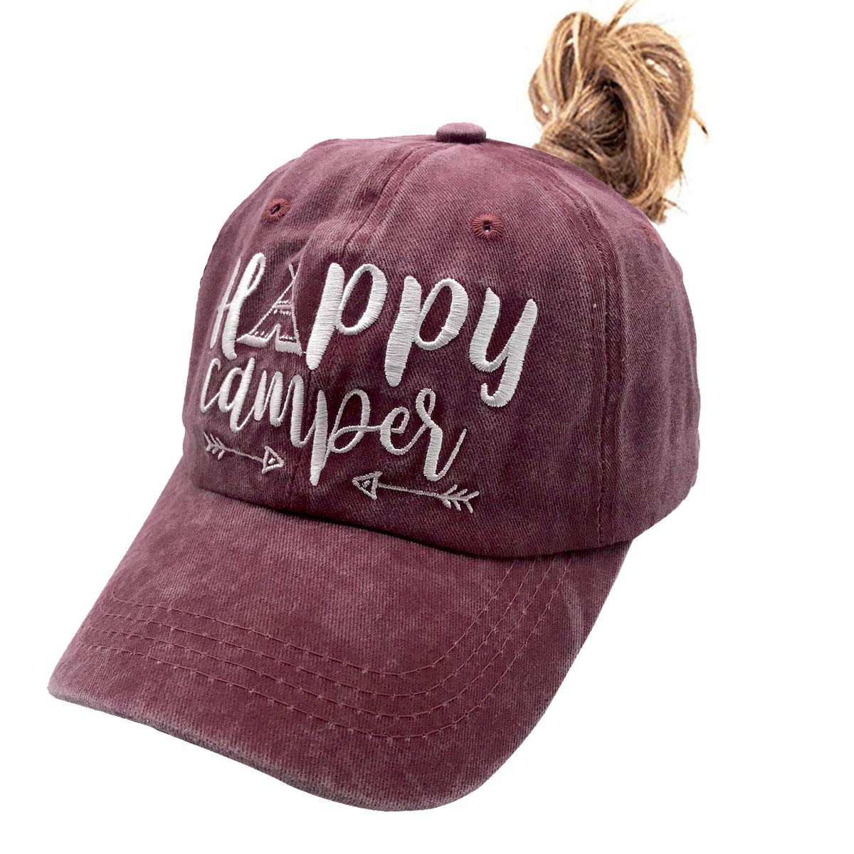 LOKIDVE Women's Happy Camper Ponytail Hat Messy High Bun Distressed Baseball Cap