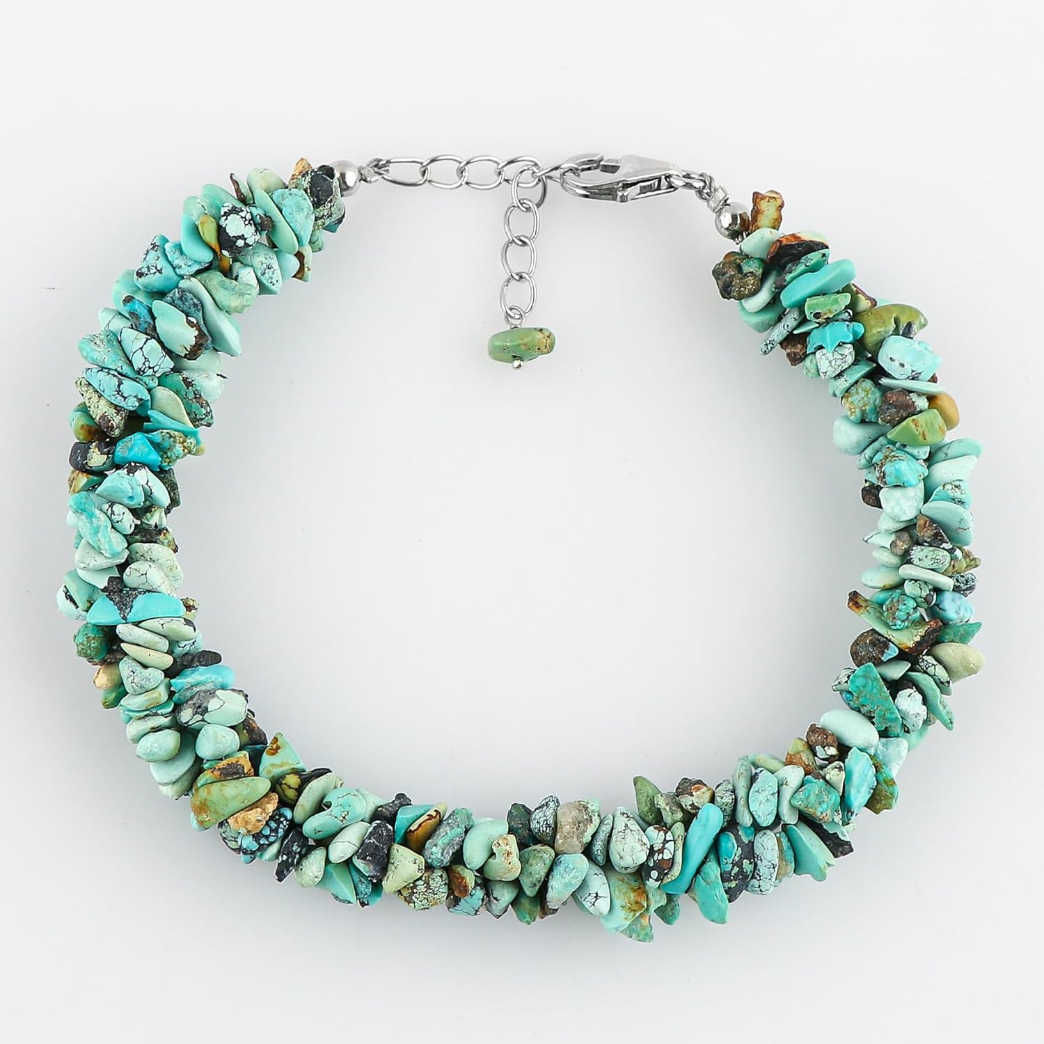 CRYSTALIS Natural Turquoise Beads Braided Rope Bracelet, Chips Nuggets Beaded Gemstones, Chakra Healing Stones, Gift Giving Womens Jewelry, 925 Sterling Silver Bracelet 8 inch - Image 2