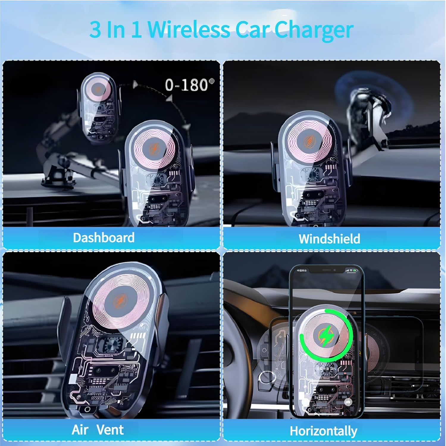 Wireless Car Charger - 3 in 1 Fast Charging Wireless Phone Charger for Car, Dashboard Windshield Air Vent Magnetic Phone Holder Mount Auto Clamping