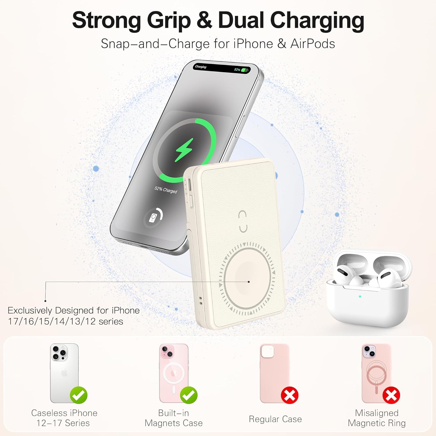 Magnetic Wireless Power Bank, 5000mAh Portable Charger with LED Makeup Mirror & Phone Stand & Card Holder, 20W USB-C Fast Charging Battery Pack for iPhone 17/16/15/14/13/12 Series, Khaki