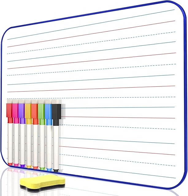 DumanAsen Dry Erase Ruled Whiteboard, A4 Size Lined Double Sided Whiteboard with 8 Color Dry Erase pens and one Eraser (Blue, 30cm x 21cm)