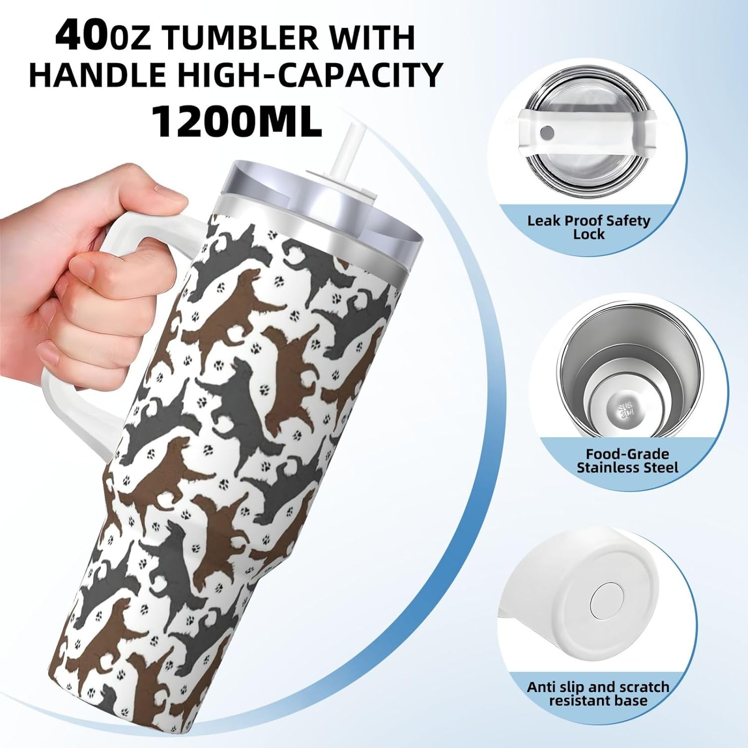 40 OZ Trotting Flat Coated Retrievers Paw Print Ice Bully Cup with Handle Straw Lid Straw,Stainless Steel Tumbler Coffee Cup