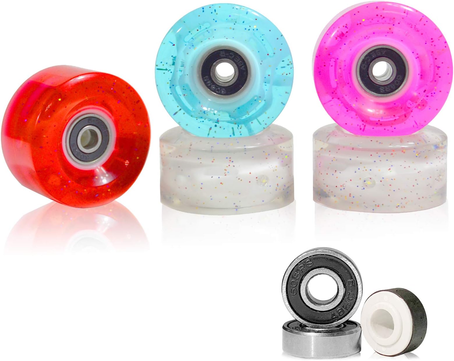 VNAKER Light Up Quad Roller Skate Wheels 4Pcs with Bearings - Luminous Quad Roller Skate Wheels 30mm x 57mm (White)
