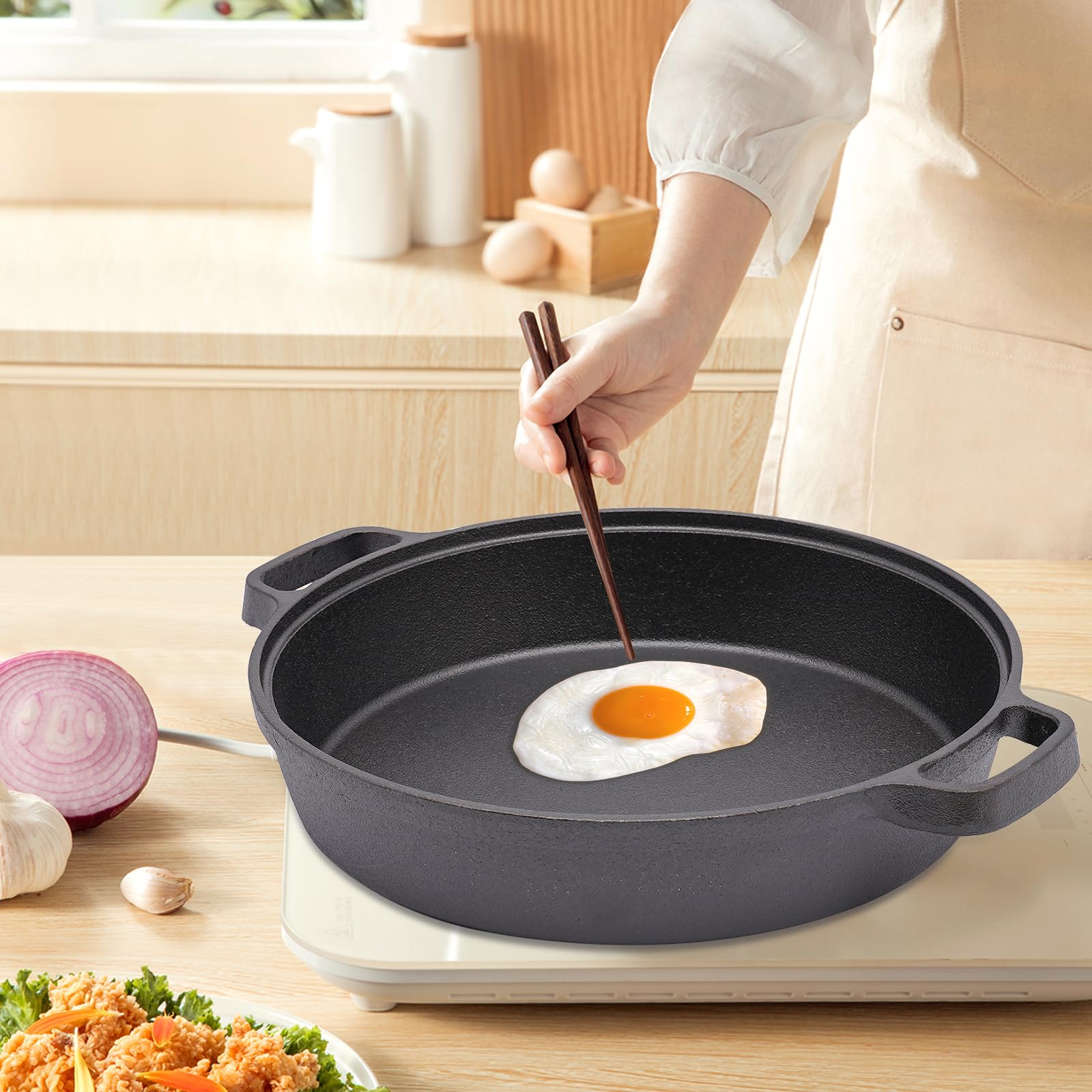 Sartén de hierro fundido – Ø 25 cm – Sartén de hierro fundido con mango doble – Sartén parrilla para inducción y fuego abierto