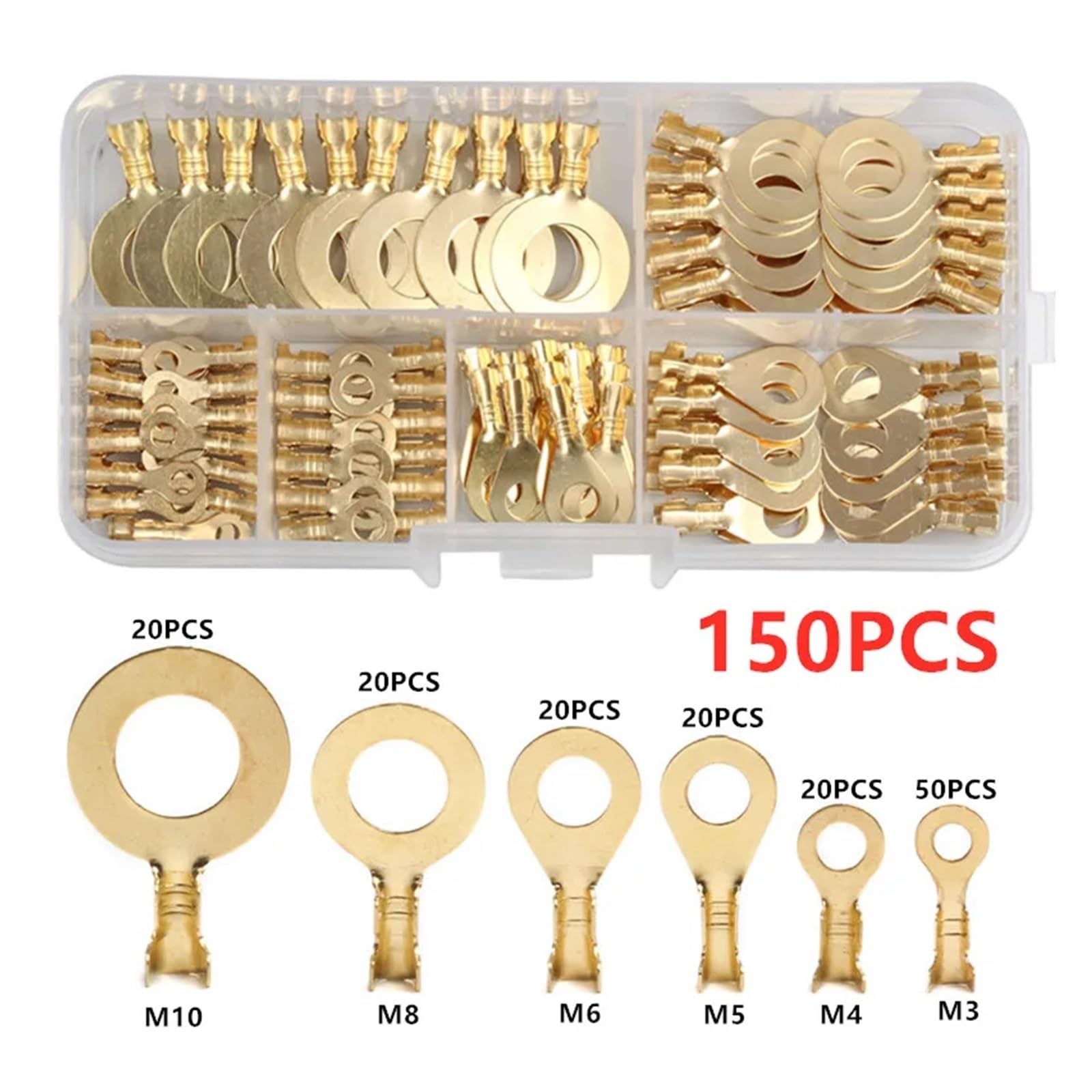 750Pcs M3/M4/M5/M6/M8/M10 Non-Insulated Ring Eyes Lugs 2.8/4.8/6.3mm Brass Spade Crimp Terminals Cable Lug Wire Connector Set(150PCS)