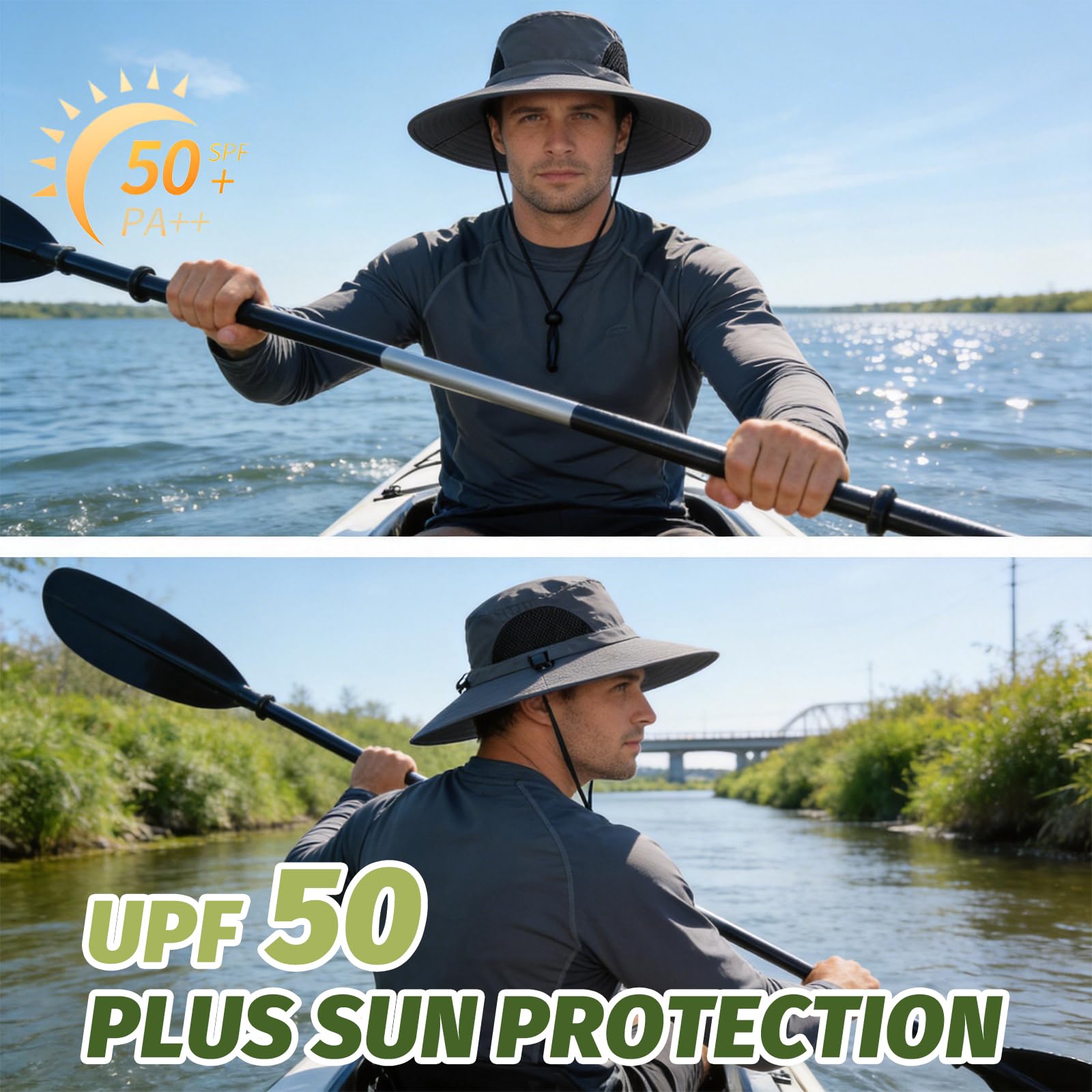 Sonnenhut Herren - Sonnenhut UPF 50+ Faltbar, Leichter Safarihut mit Breiter Krempe, Atmungsaktiver Anglerhut