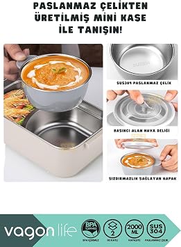 Vagonlife Bento 2000ml Lunchbox 2 Katlı 3 Bölmeli Mini Kaseli Çelik Sefer Tası Yemek Kutusu (Lacivert-Sarı)