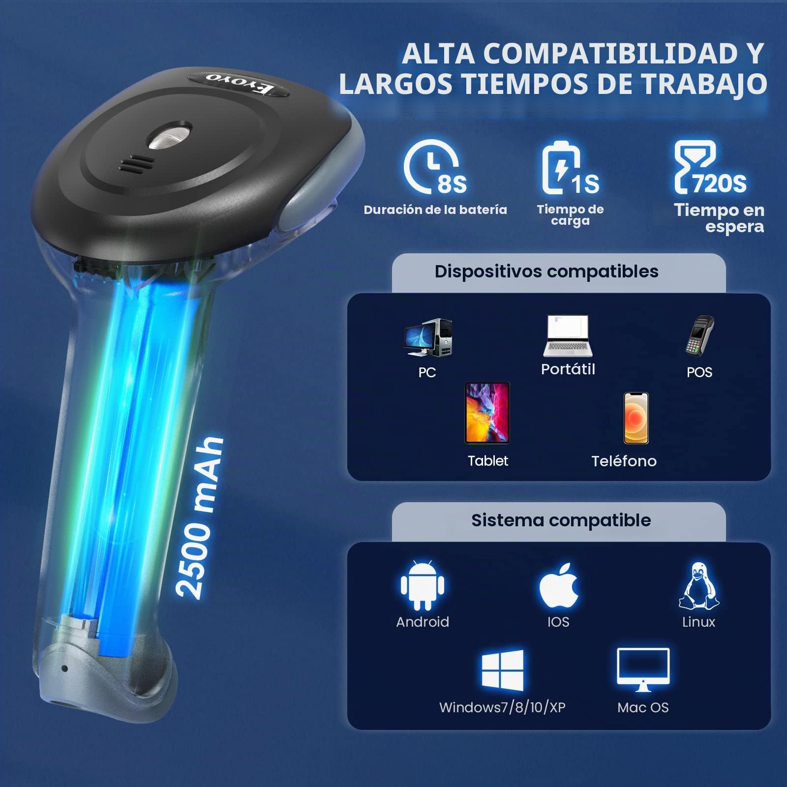 Eyoyo Eyoyo escáner de código de Barras inalámbrico con Soporte, 3-en-1 Bluetooth y 2.4G escáner de código de Barras inalámbrico y conexión USB con Cable, Compatible con Windows,Pos, iOS, Android