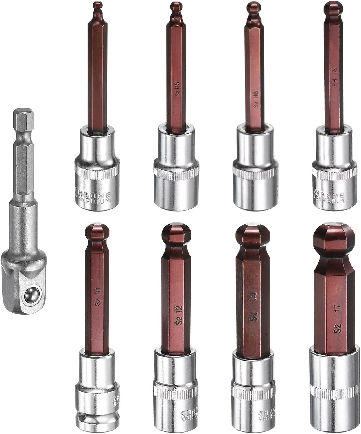 HARFINGTON 9pcs 4/5/6/8/10/12/14/17mm Ball End Hex Bit Socket 1/2" Square Drive Metric Extension Impact Bit Power Nut Driver Set S2 & CR-V Steel Socket Ratchet Wrench Bits