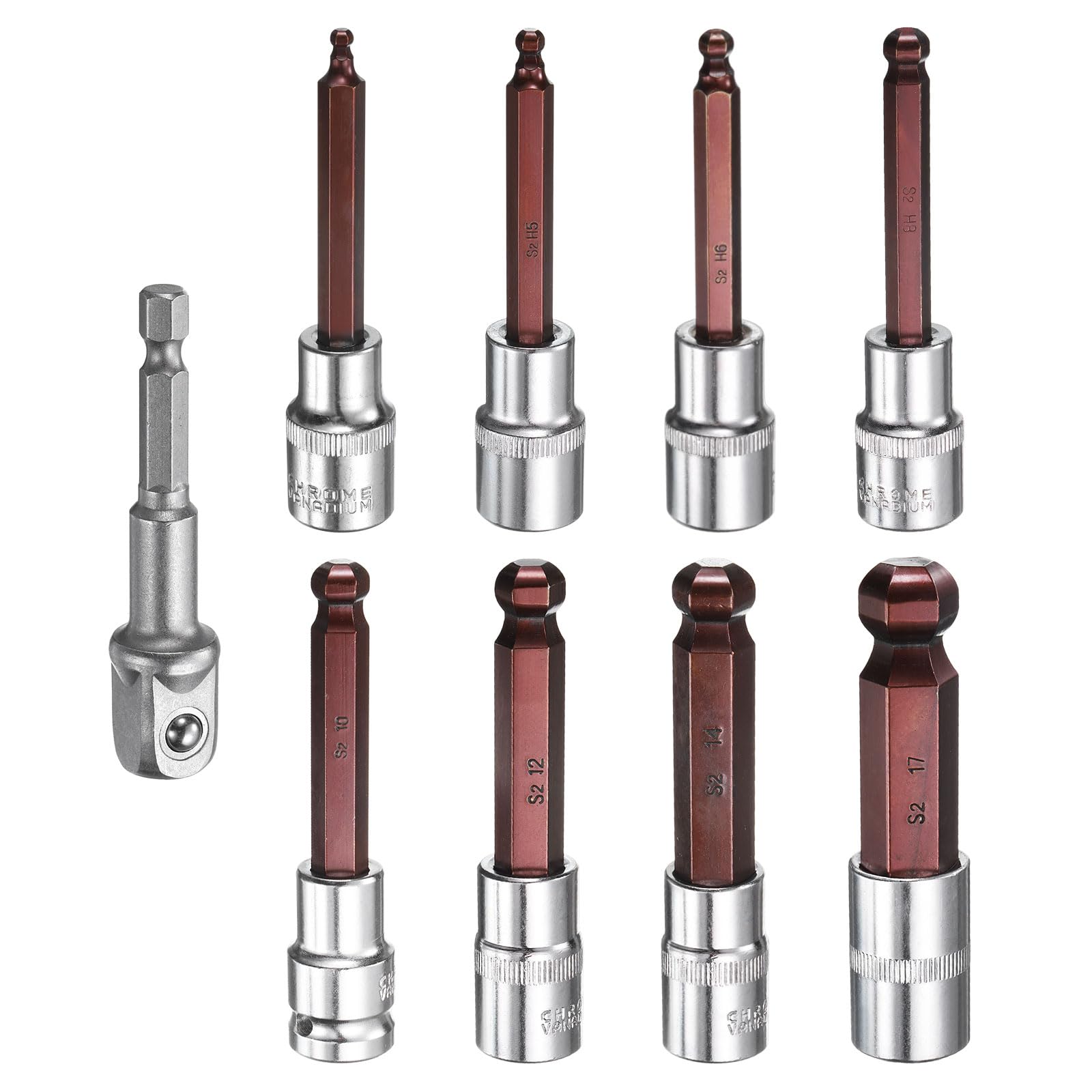 sourcing map 9pcs 4/5/6/8/10/12/14/17mm Ball End Hex Bit Socket 1/2" Square Drive Metric Extension Impact Bit Power Nut Driver Set S2 & CR-V Steel Socket Ratchet Wrench Bits