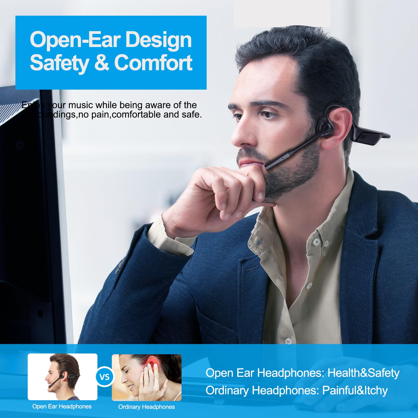 Smof Auriculares Abiertos con Micrófono, Bluetooth 5.1 Wireless Headset con USB Dongle, Auriculares de Conducción de Aire con Cancelación de Ruido Micrófono