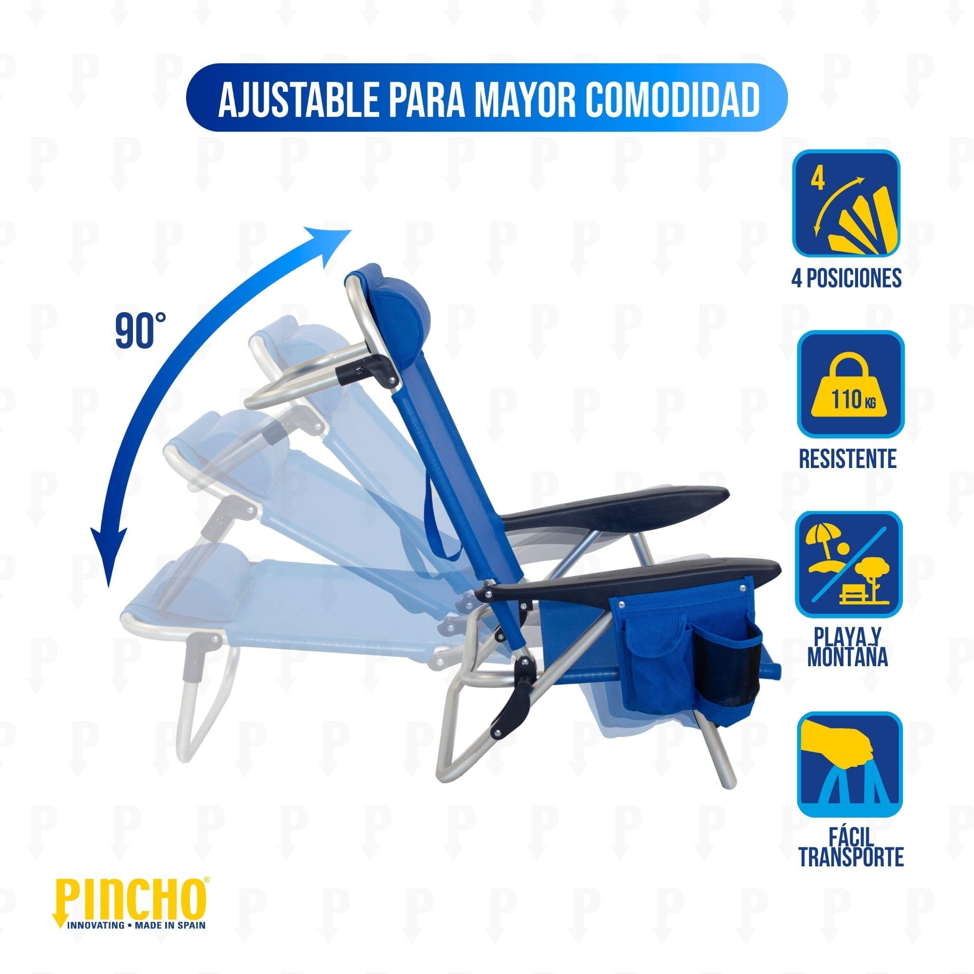 Pincho Silla de Playa Reclinable Aluminio 4 Posiciones Plegable Ligera Resistente 110kg textilene Transpirable con Reposacabezas y Bolsillos Azul Turquesa y Marino
