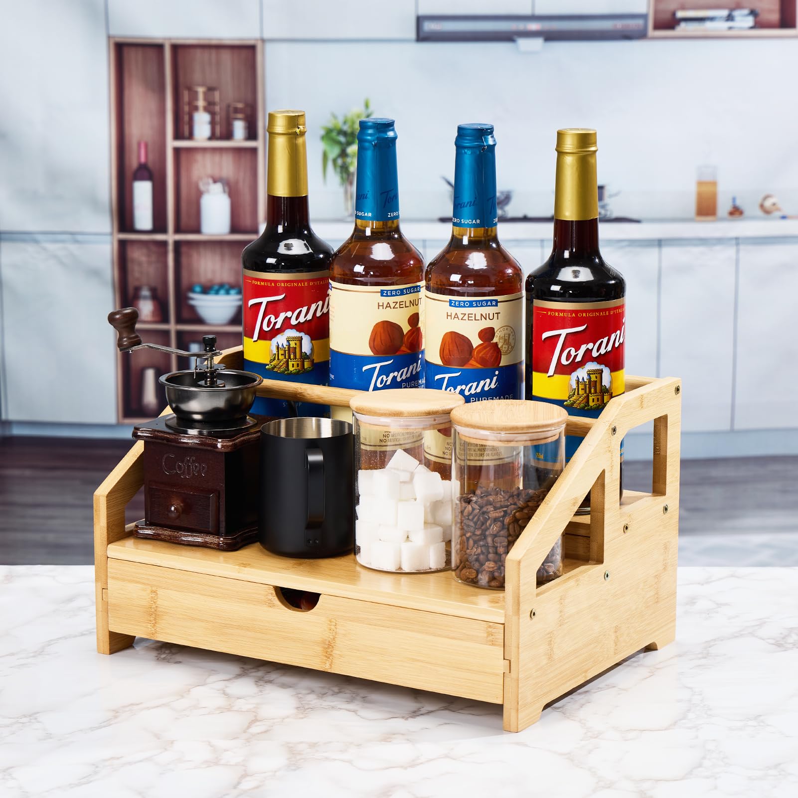 Organizador de bambú para jarabe de café, estante de 3 niveles con caja de almacenamiento de tazas, soporte para botellas para jarabes, aderezos, estación de café de cocina, natural 6