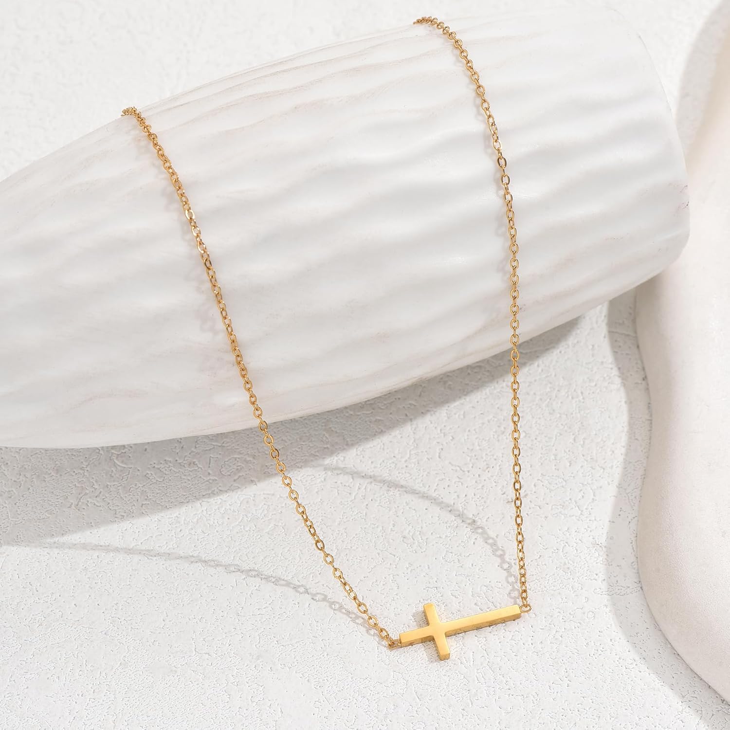 Cross Necklace for Women 18K Gold Plated Cross Pendant Necklace Dainty Sidways Cross Choker Necklaces Simple Small Cross Pearl Chain Trendy Faith Jewelry Gift - Image 5