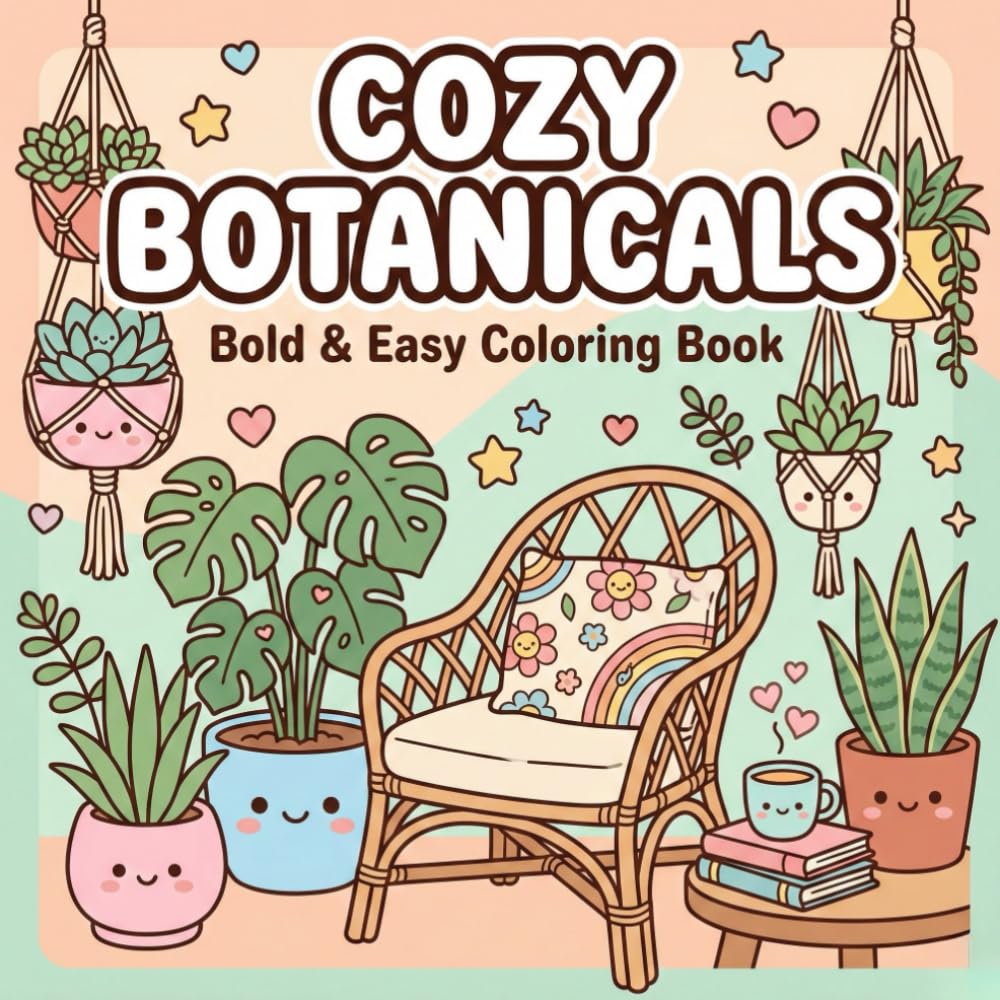 COZY BOTANICALS: Bold and Easy Coloring Book for Adults – Relaxing Houseplants, Boho Interiors, Minimalist Flowers, and Nature Scenes for Stress Relief